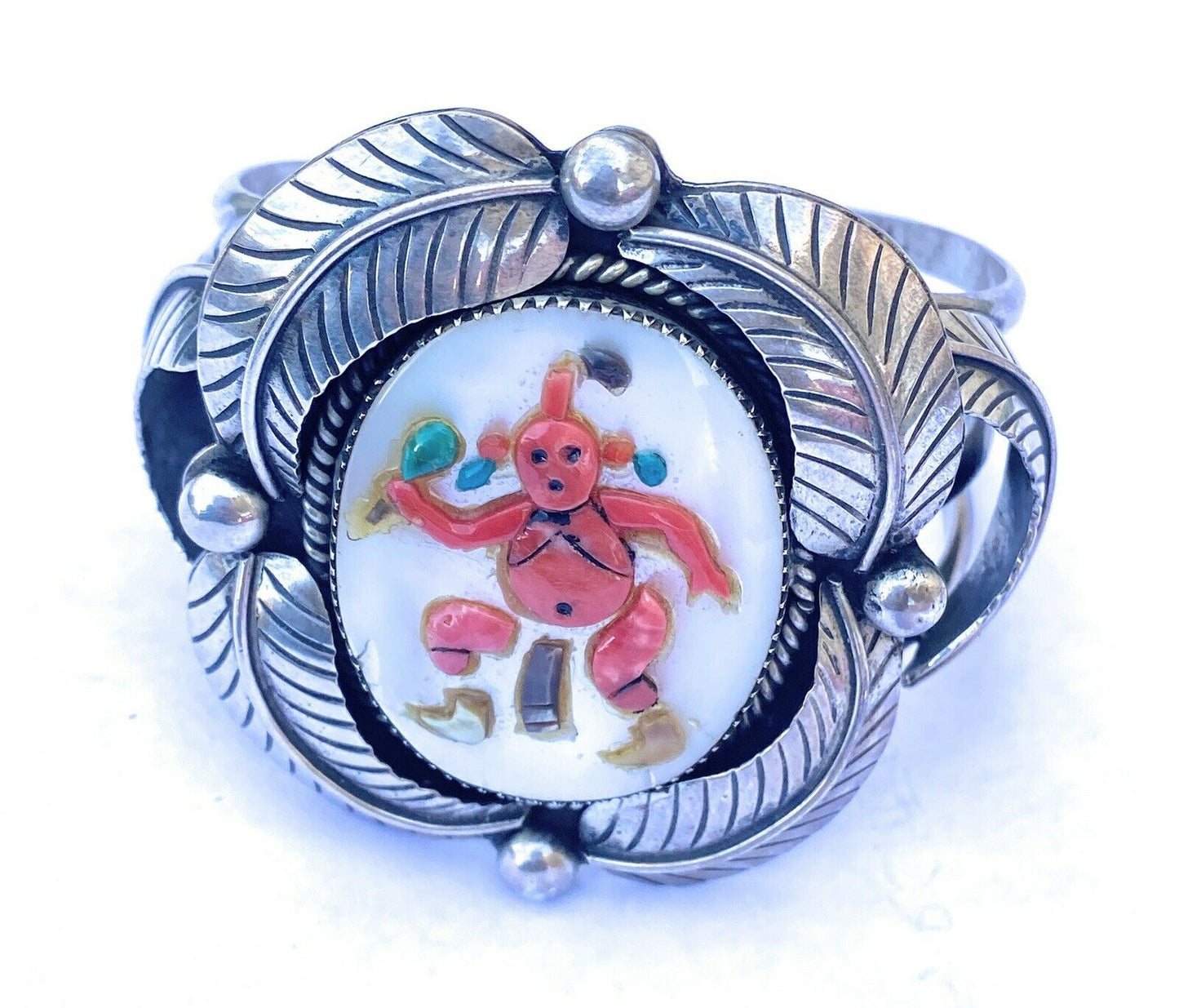 Vintage Handcrafted Multi Stone & Sterling Silver Inlay Mud Head Cuff Bracelet Signed /