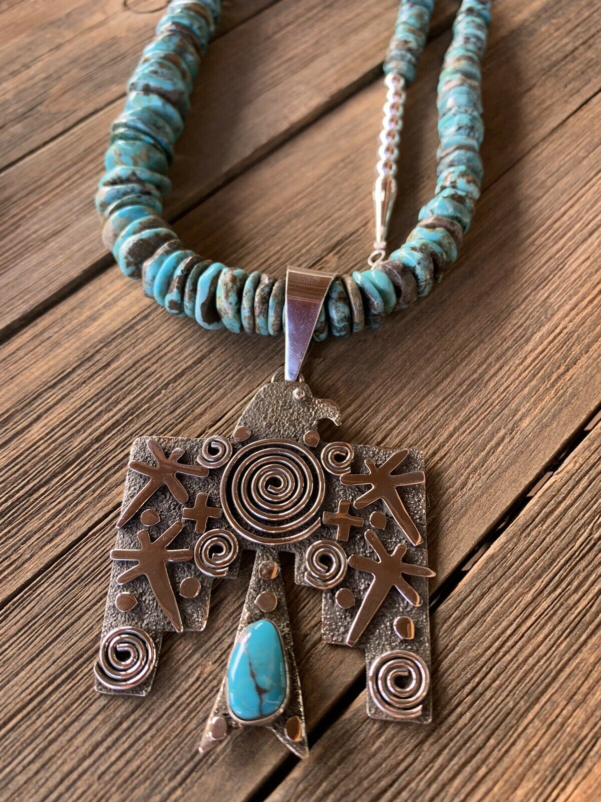 Sterling Silver & Royston Turquoise Navajo Thunderbird Pendant By