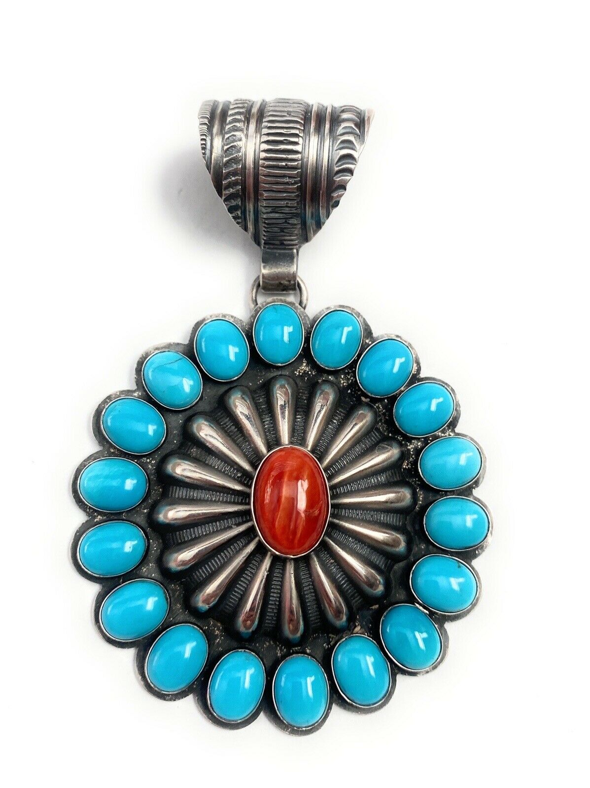 Handcrafted Sterling Silver, Turquoise & Red Spiny Pendant Signed
