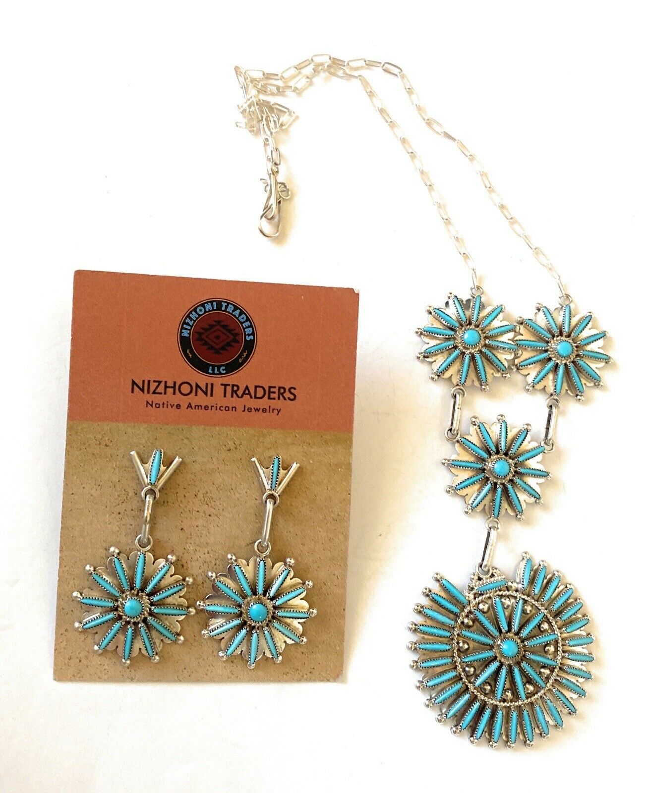 Zuni Sterling Silver & Turquoise Needlepoint Necklace & Earring Set Signed