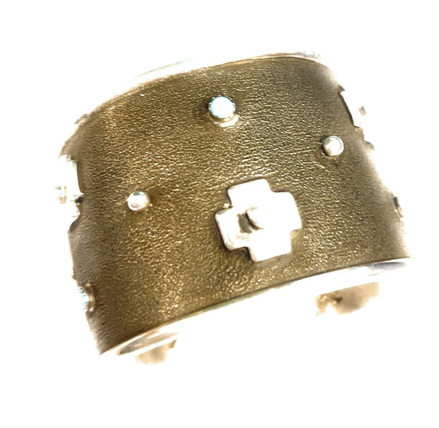 Handcrafted Sterling Silver Cross Bracelet Cuff With Turquoise Accent Stones Signed /