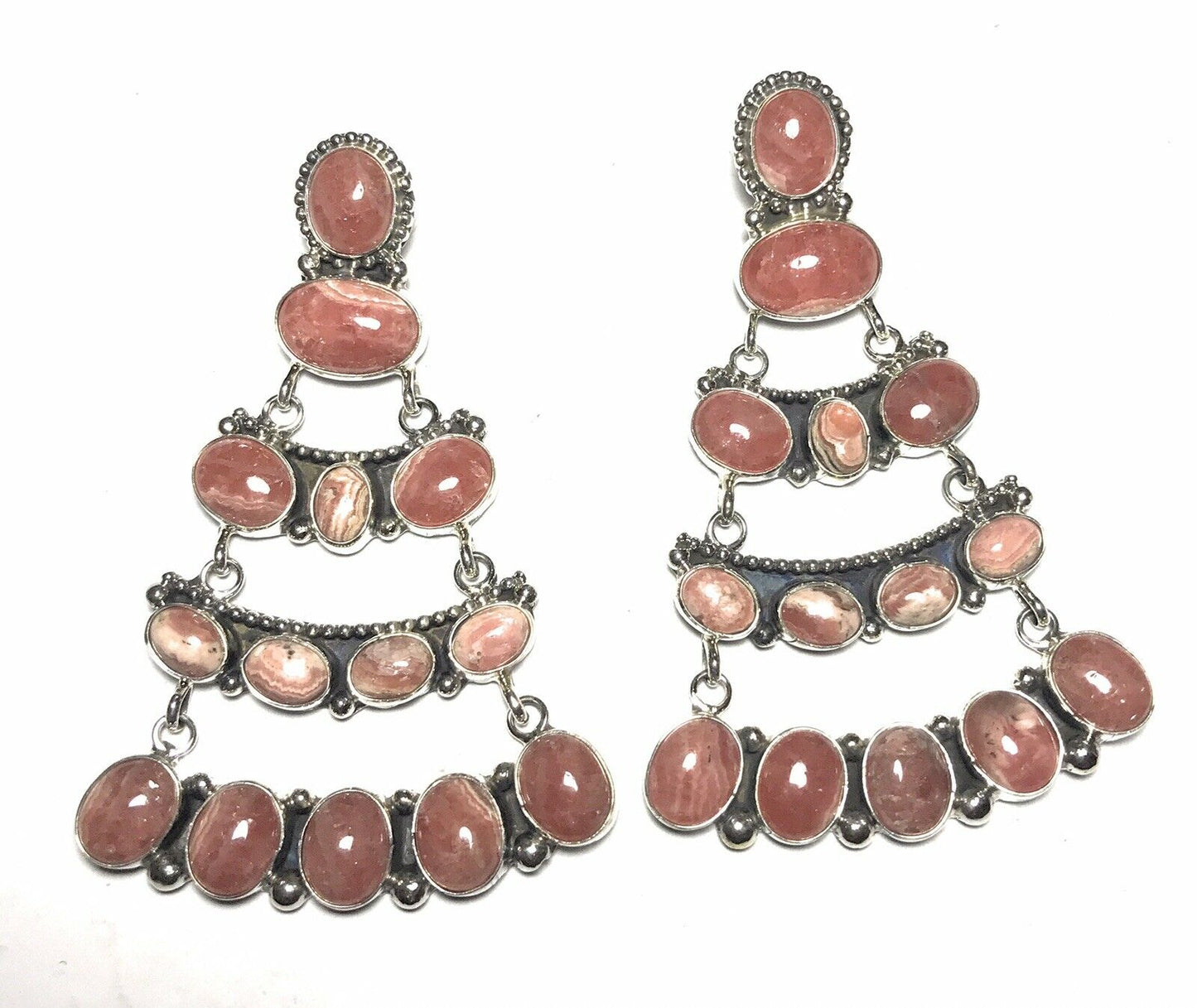 Sterling Silver Rhodochrosite Stone Dangle Earrings Artist E. Spencer