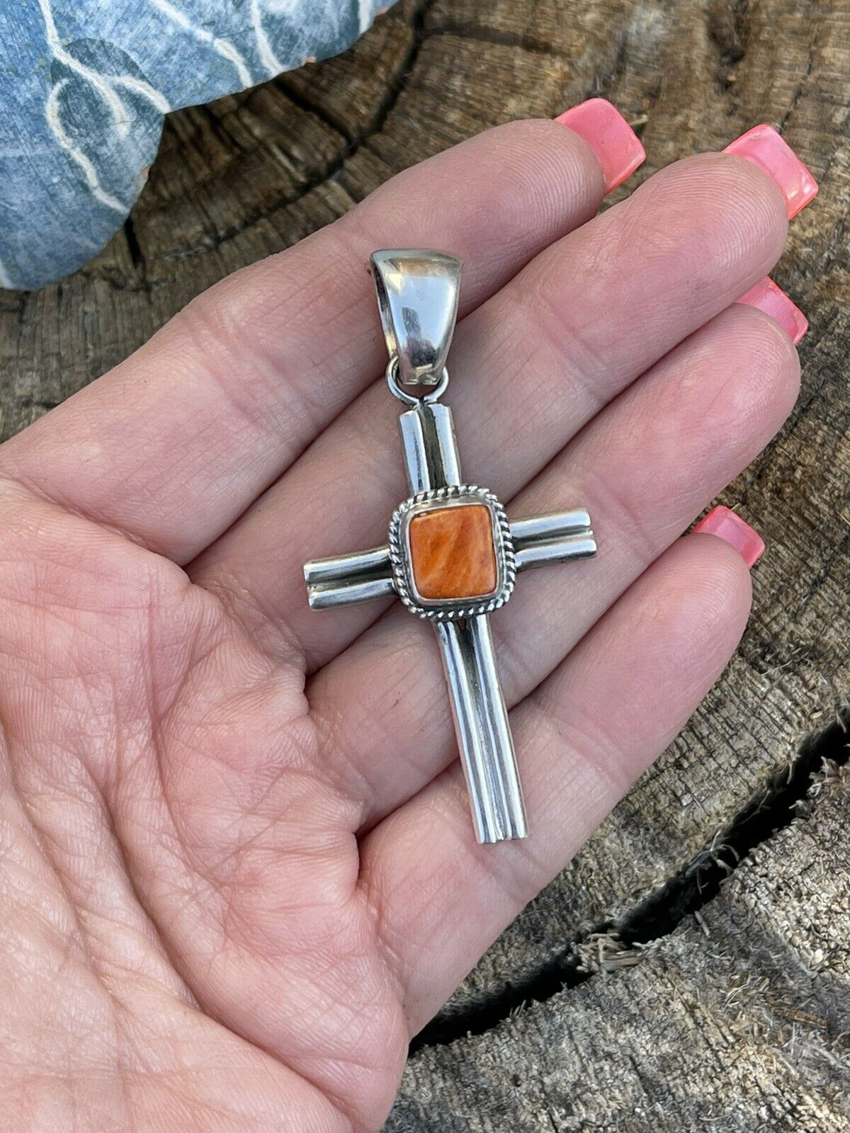 Navajo Sterling Silver & Orange Spiny Shell Cross Pendant Signed