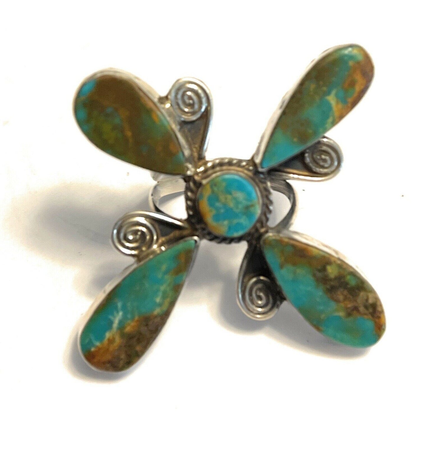 Handcrafted Sterling Silver & Royston Turquoise Scroll Petal Ring Size 8. Signed
