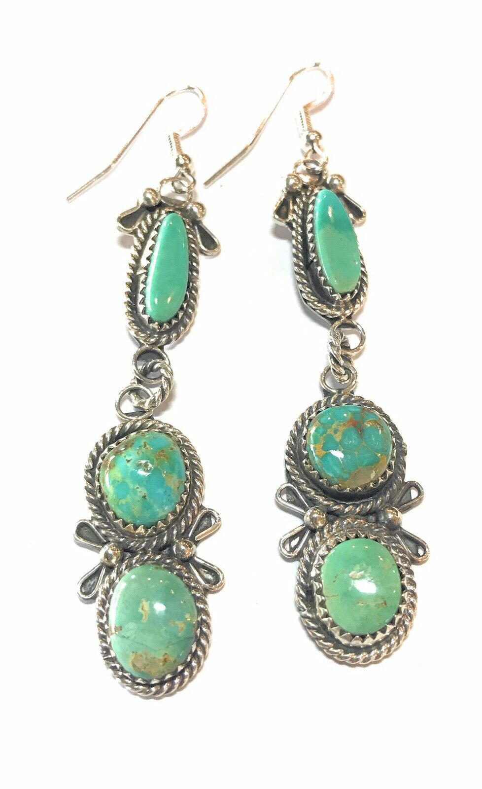 Navajo Mixed Turquoise & Sterling Silver Dangles Signed