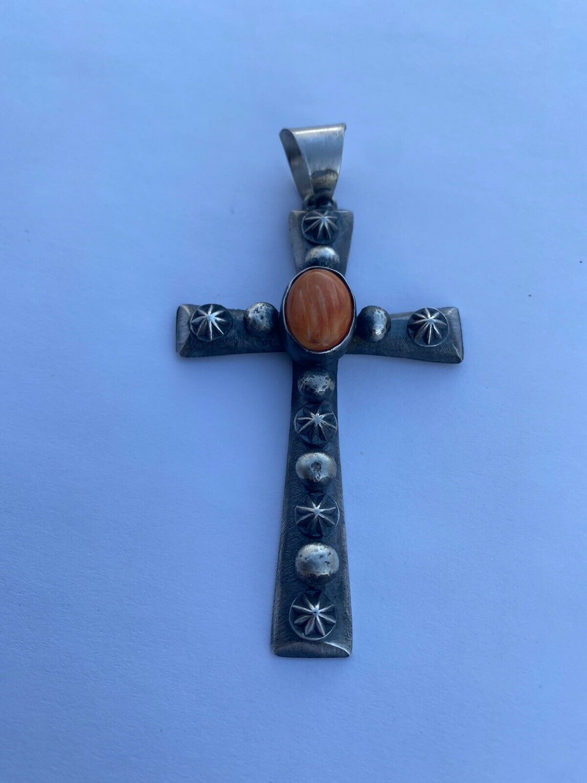 Navajo Sterling Silver & Orange Spiny Shell Cross Pendant Chimney Butte