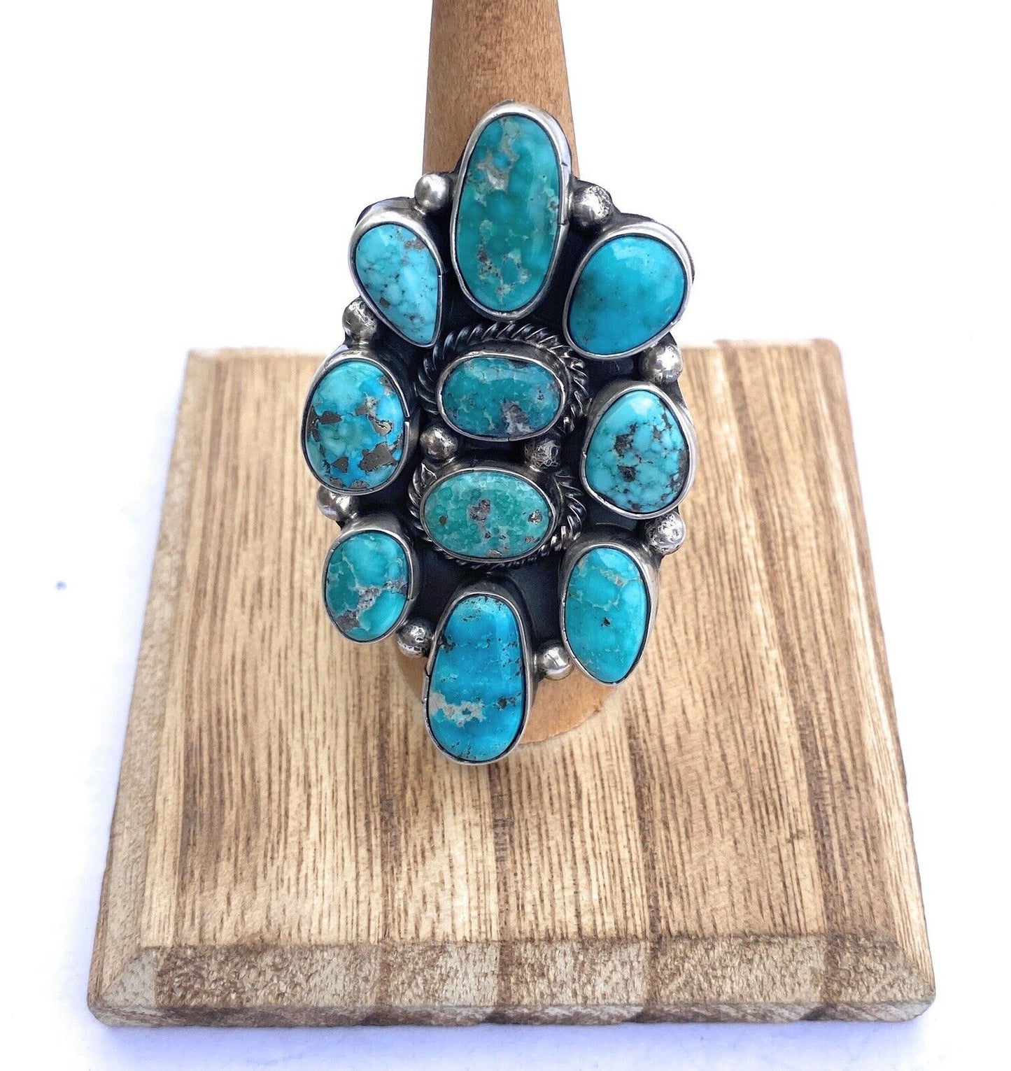 Handcrafted Turquoise & Sterling Silver Cluster Adjustable Ring