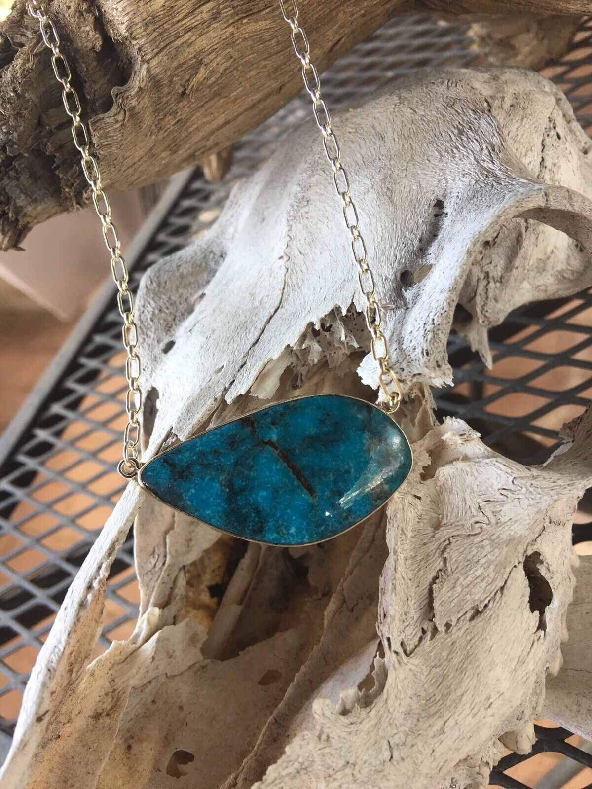 Handcrafted Kingman Turquoise Sterling Silver Drop Necklace Signed