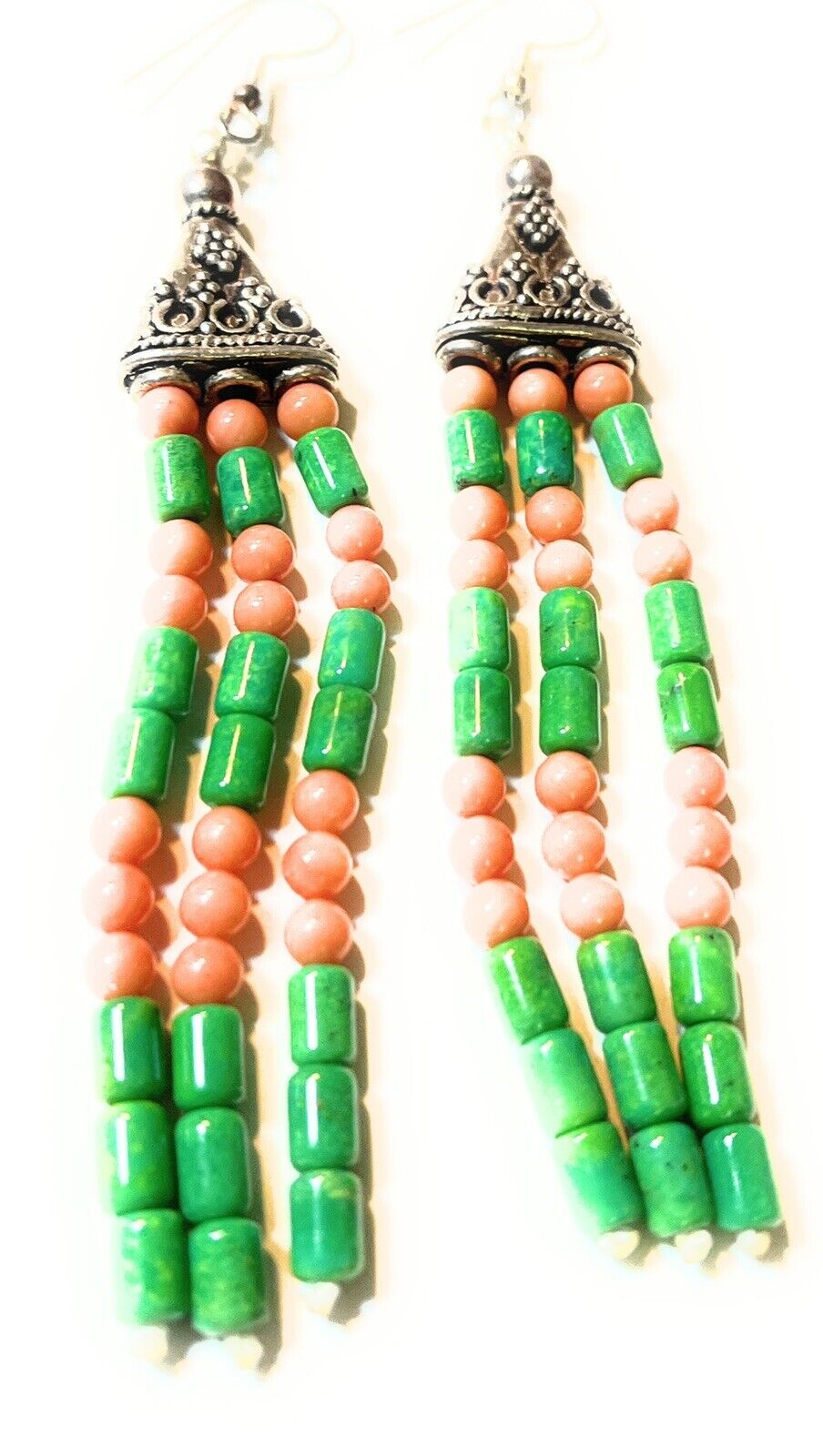 Handcrafted Sterling Dyed Green Kingman Turquoise and Pink Coral Bead Earrings