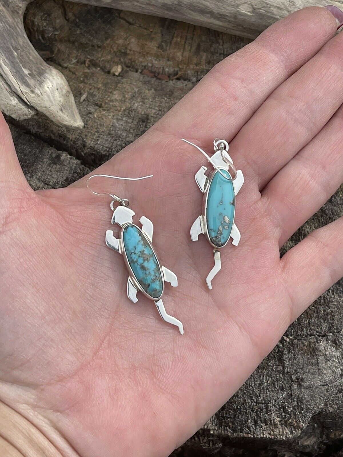 Navajo Sterling Silver Turquoise Stone Gecko Dangle Earrings Signed