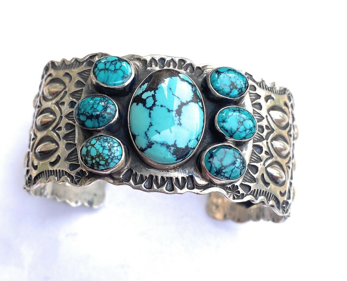 Vintage Handcrafted Turquoise & Sterling Silver Hand Stamped Cuff Bracelet /