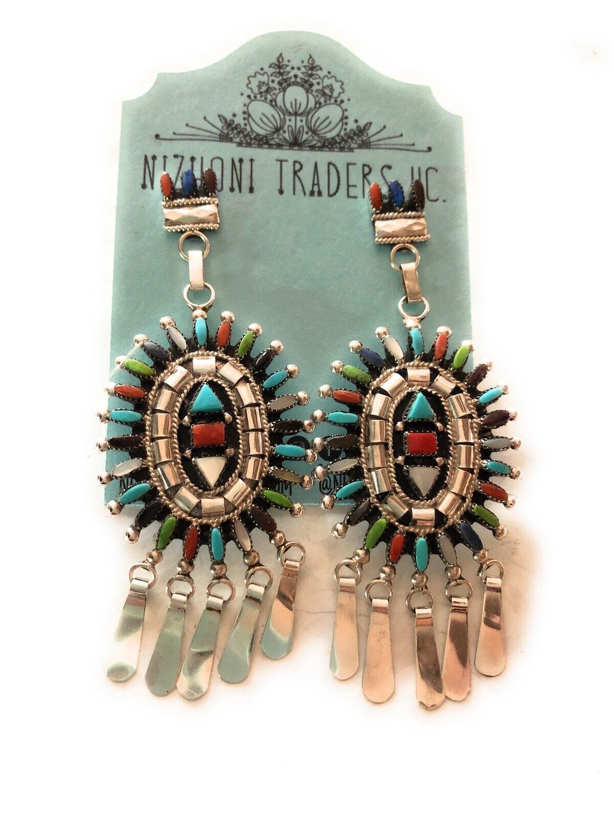 Handcrafted Sterling Silver and Multi Stone Needle Point Dangle Earrings Signed