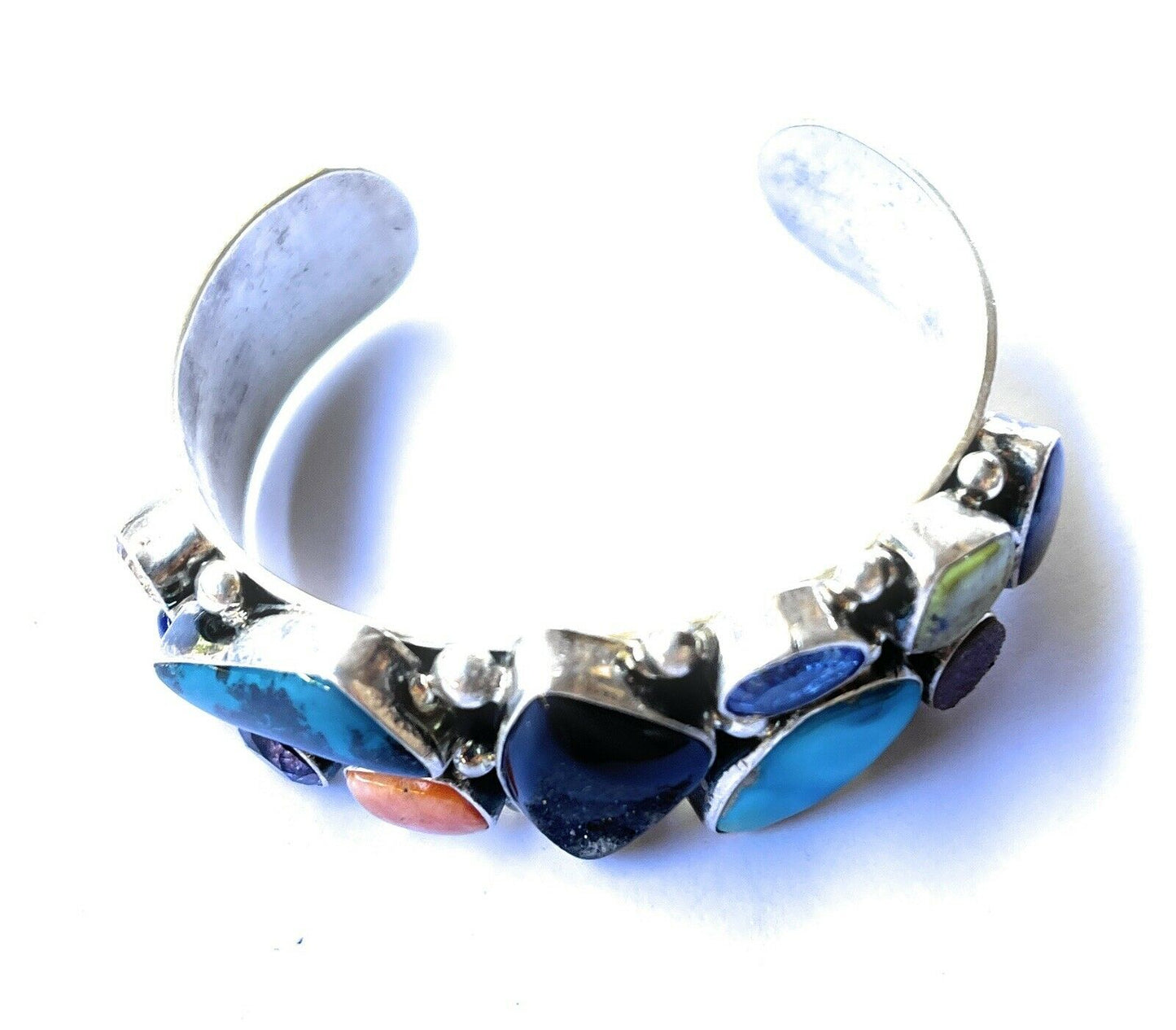 Handcrafted Multi Stone & Gem Sterling Silver Cuff Bracelet Signed