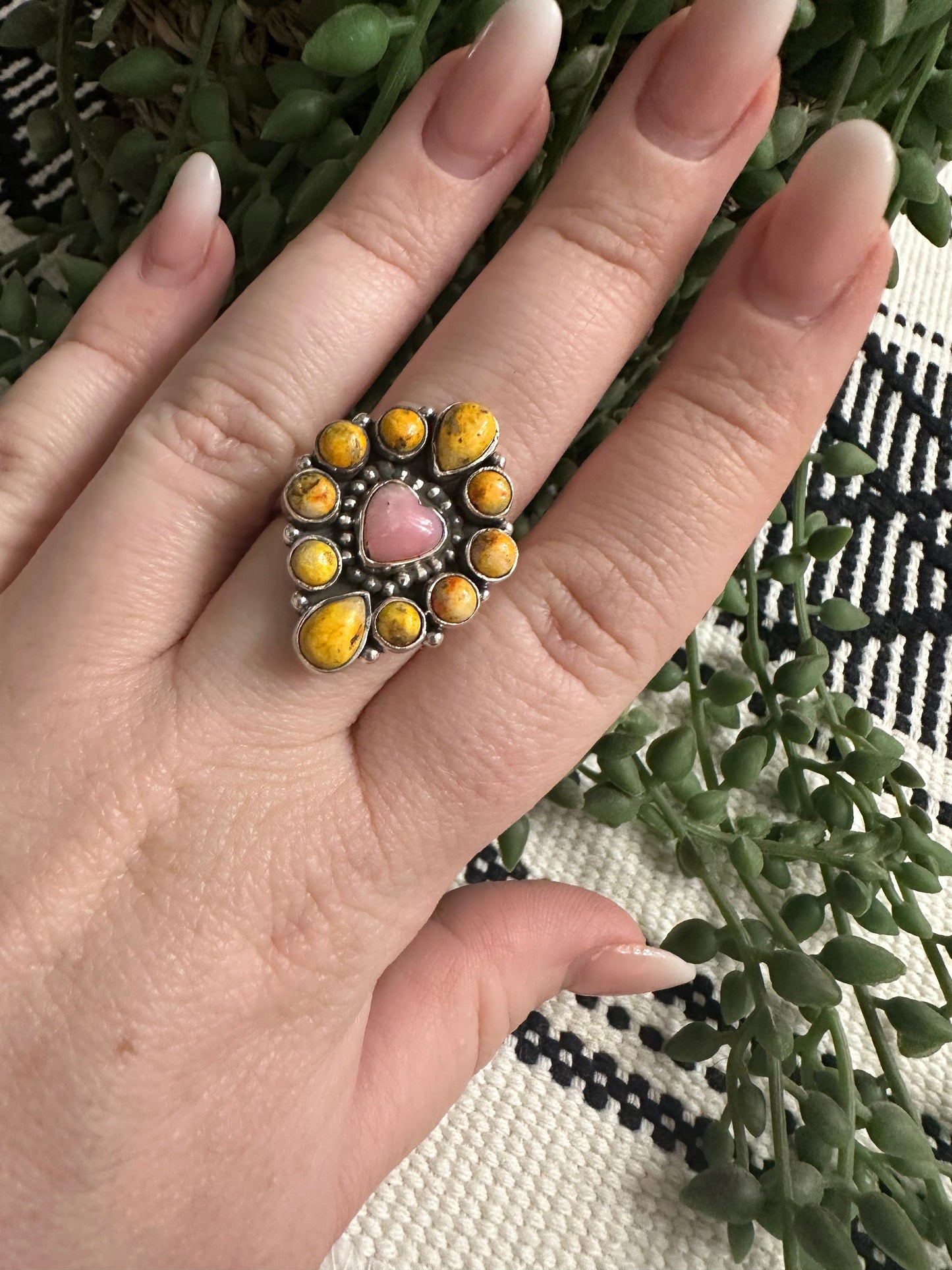 Handmade Bumble Bee, Pink Conch And Sterling Silver Adjustable Heart Ring