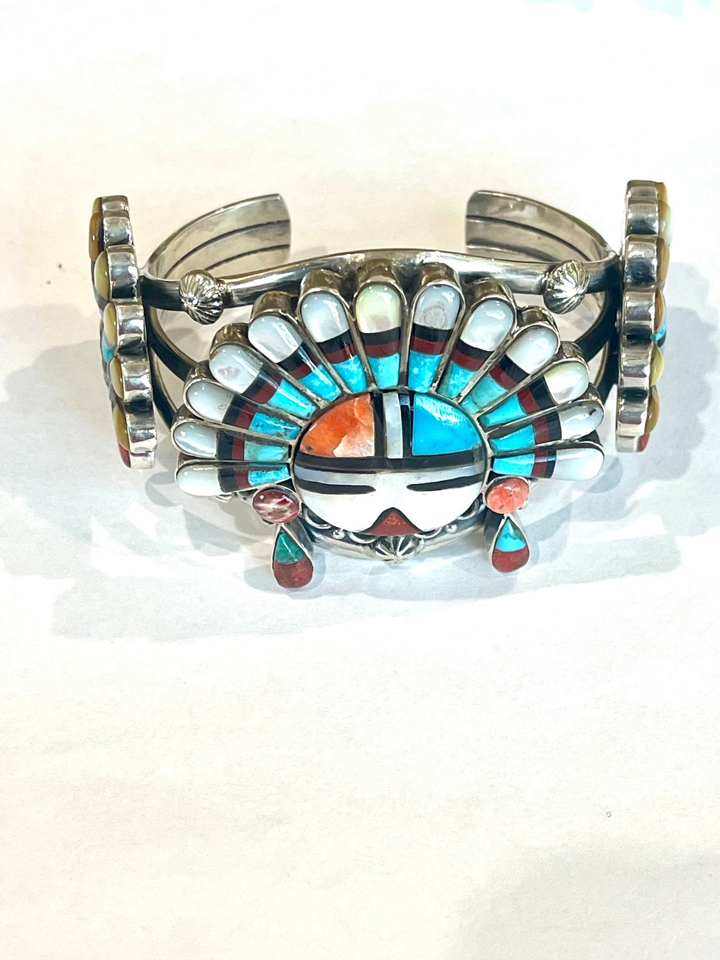 Handmade Sterling Silver & Multistone Sun Face Adjustable Cuff Bracelet /