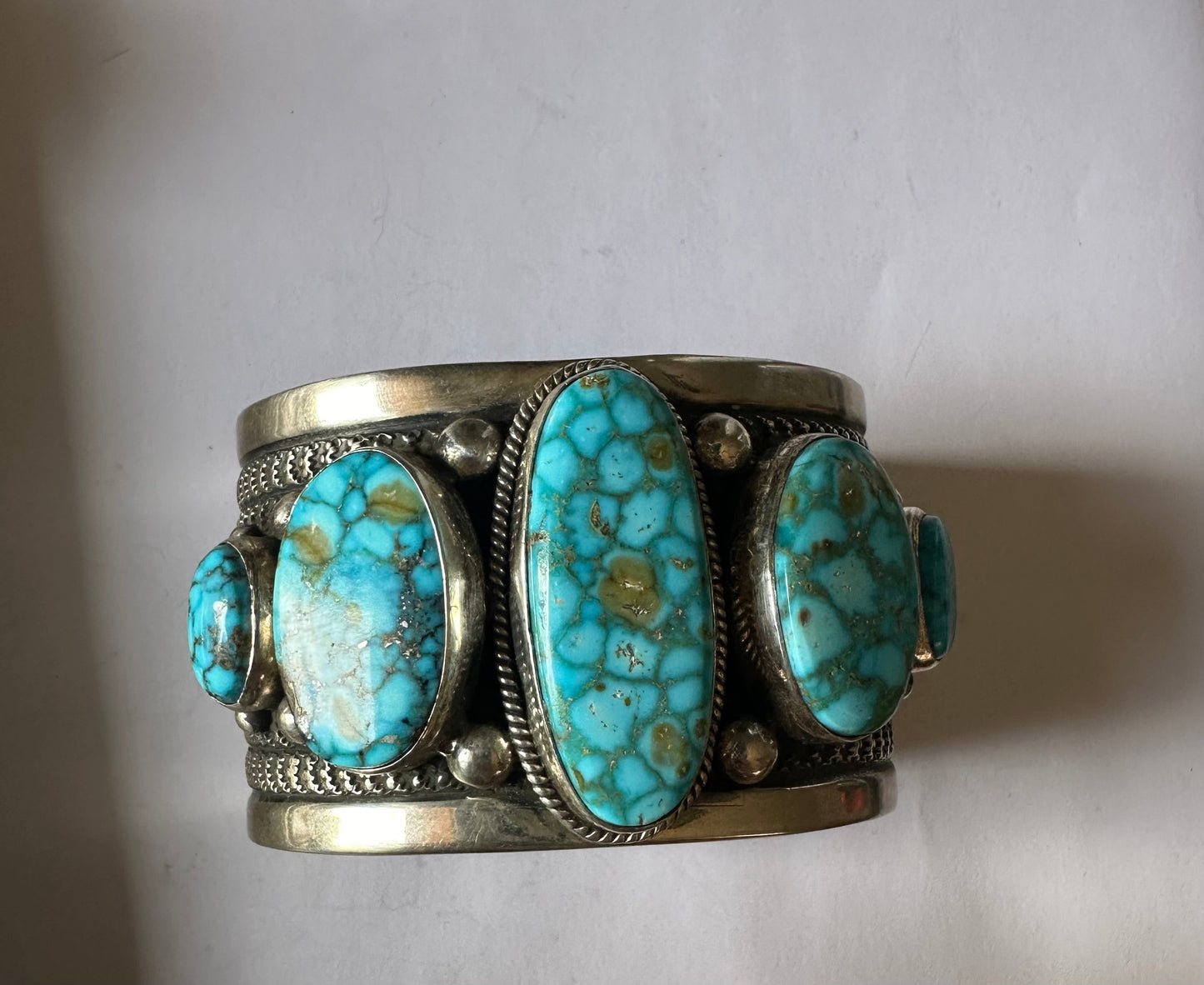 Beautiful Handcrafted Sterling Silver 5 Stone Kingman Webb Turquoise Bracelet Cuff Signed /