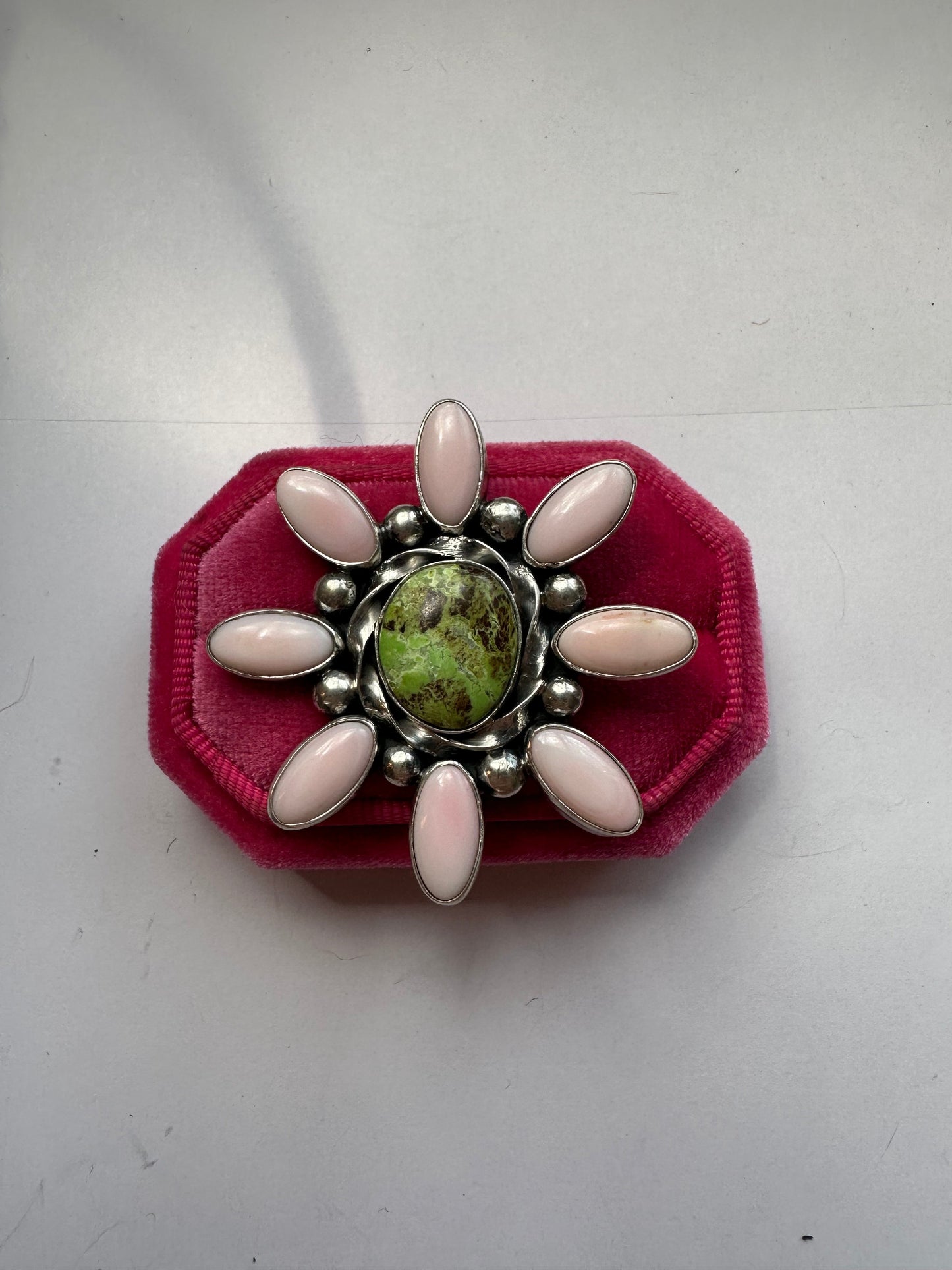 “Pink Blossom” Gorgeous Handcrafted Turquoise, Pink Conch And Sterling Silver Adjustable Flower Ring Signed