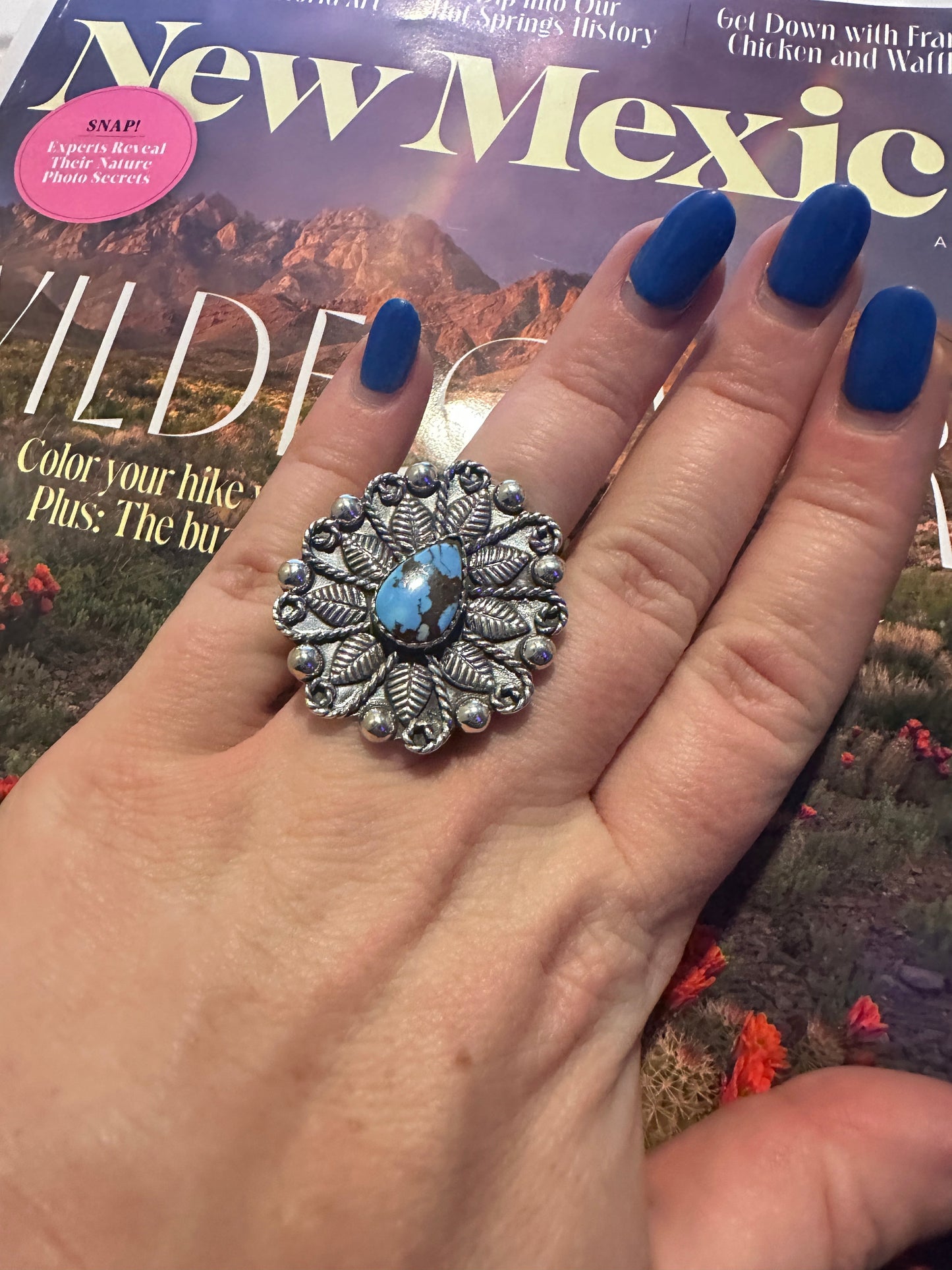 Handmade Sterling Silver Golden Hills Turquoise Adjustable FLOWER Ring Signed Nizhoni TEARDROP