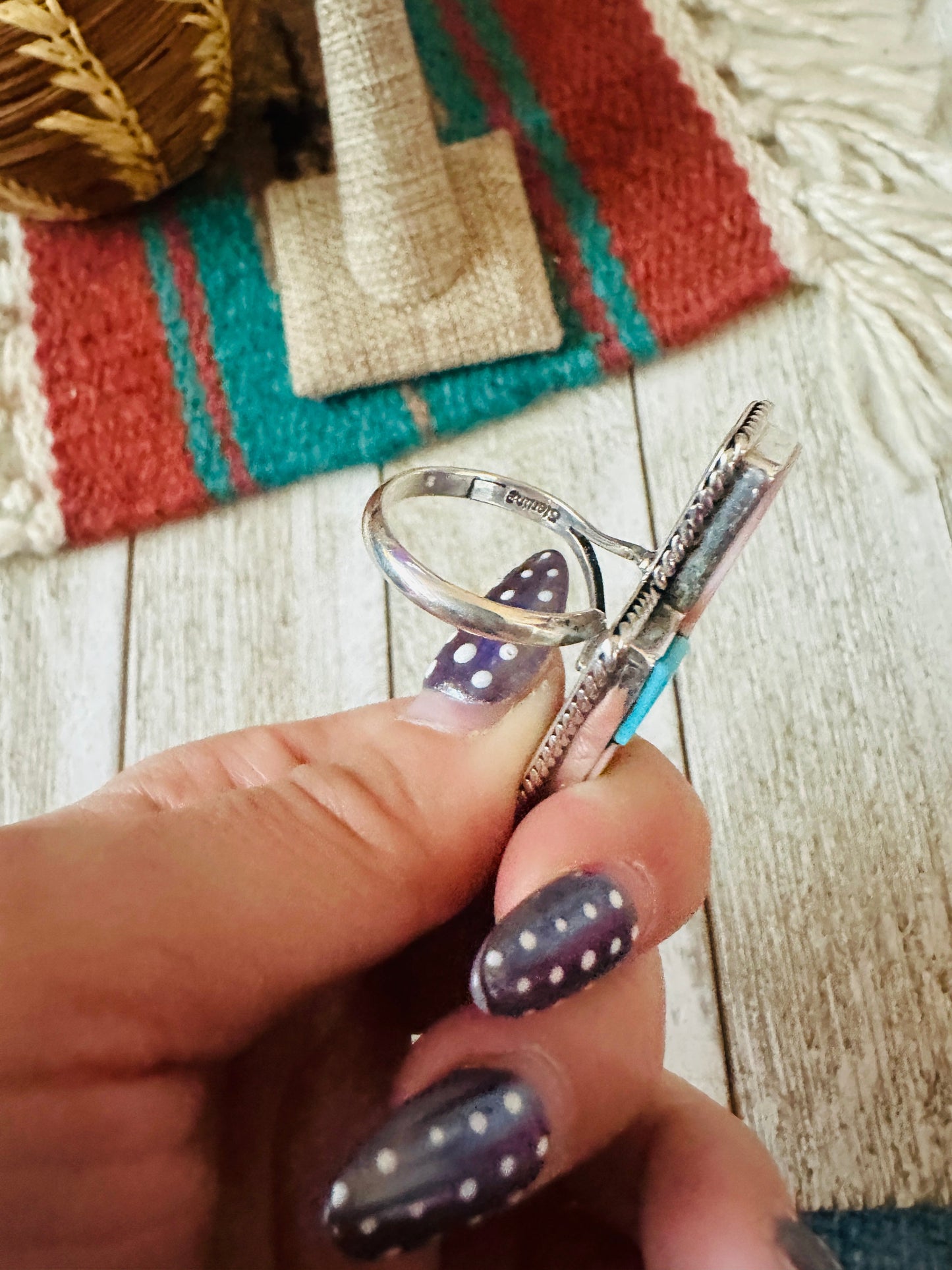 Handcrafted Queen Pink Conch, Turquoise & Sterling Silver Adjustable Lightning Bolt Ring