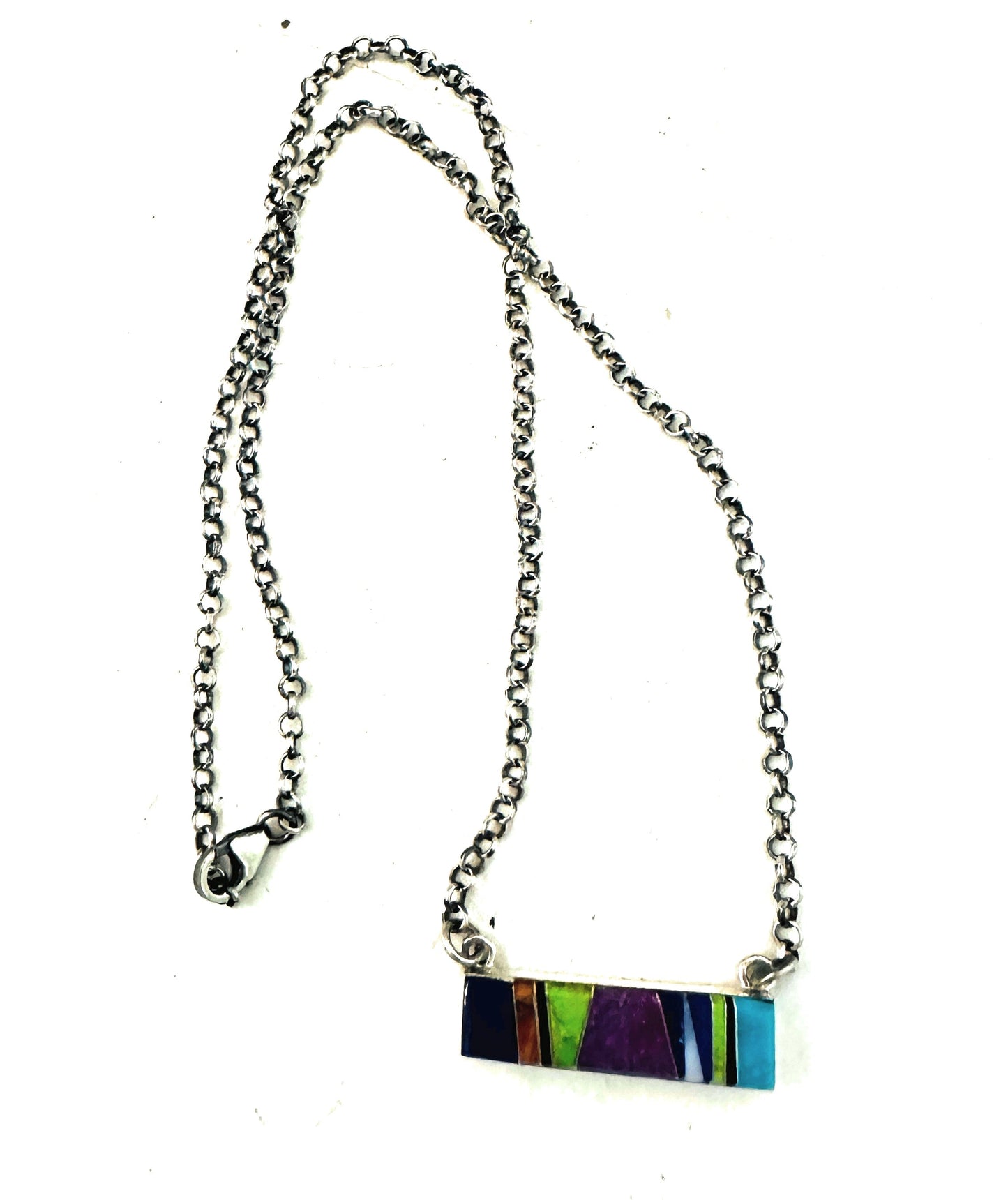 Handcrafted Multi Stone & Sterling Silver Inlay Bar Necklace