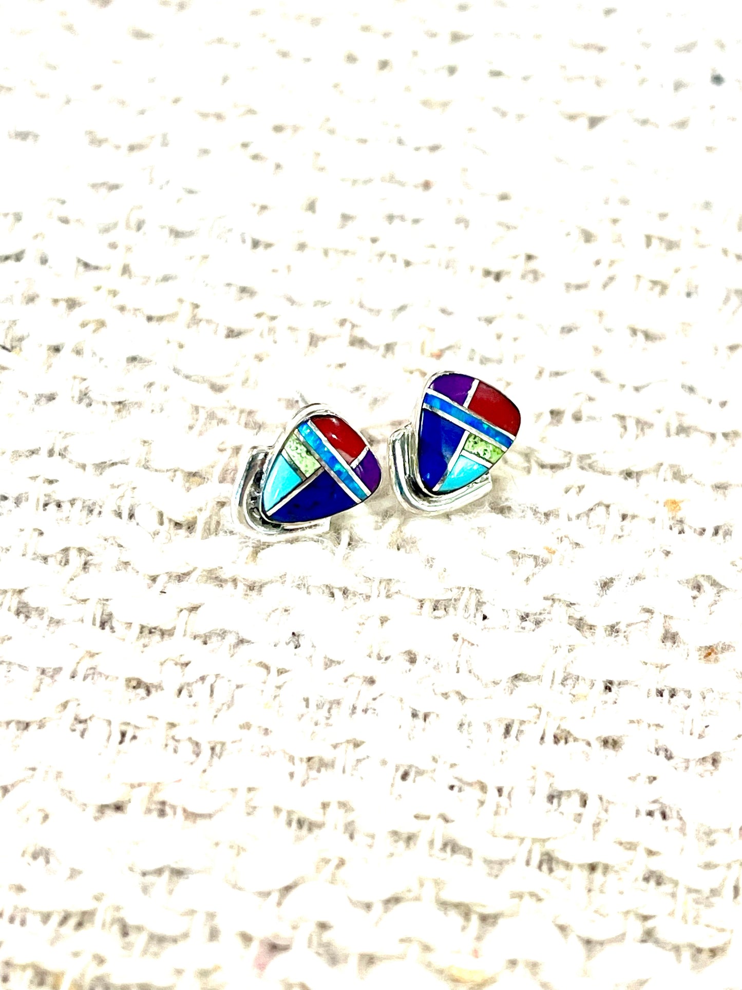 Beautiful Handmade Sterling Silver & Multi Stone Inlay Stud Earrings