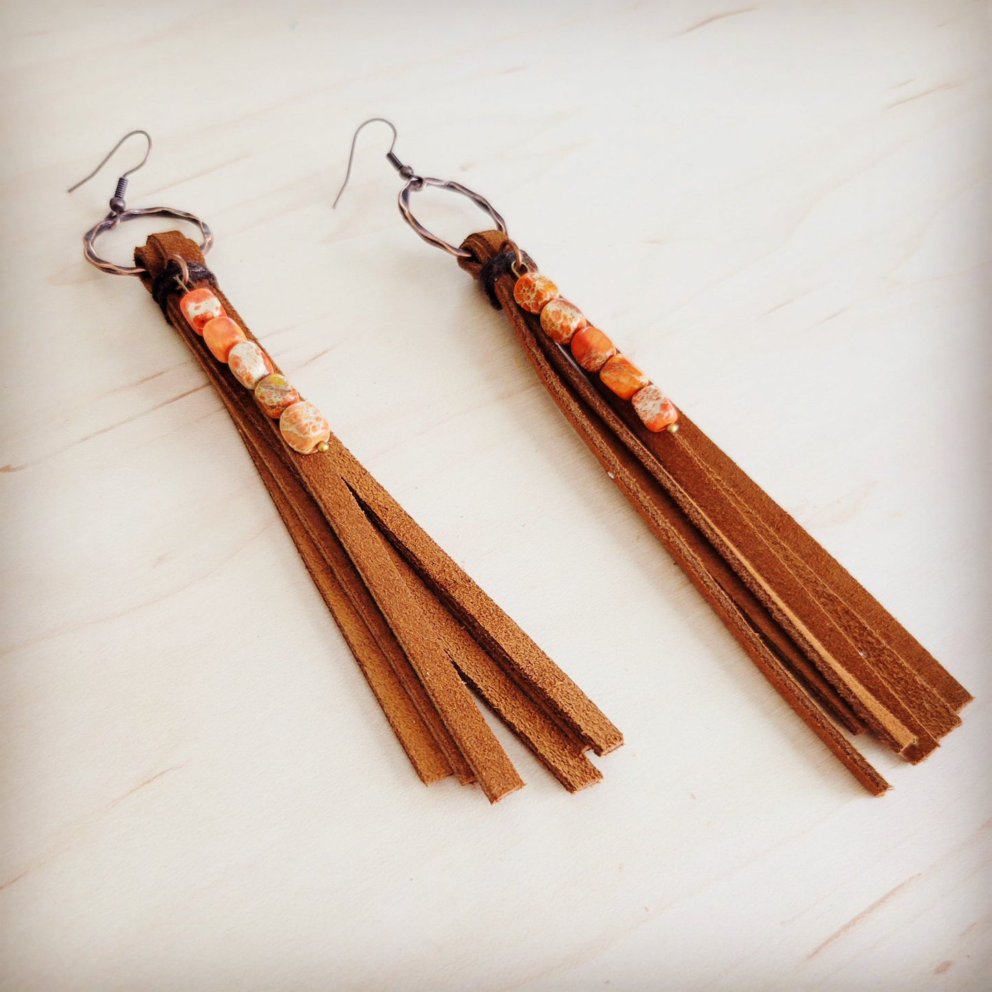 Leather Fringe Earrings with Regalite Orange Beads 100k
