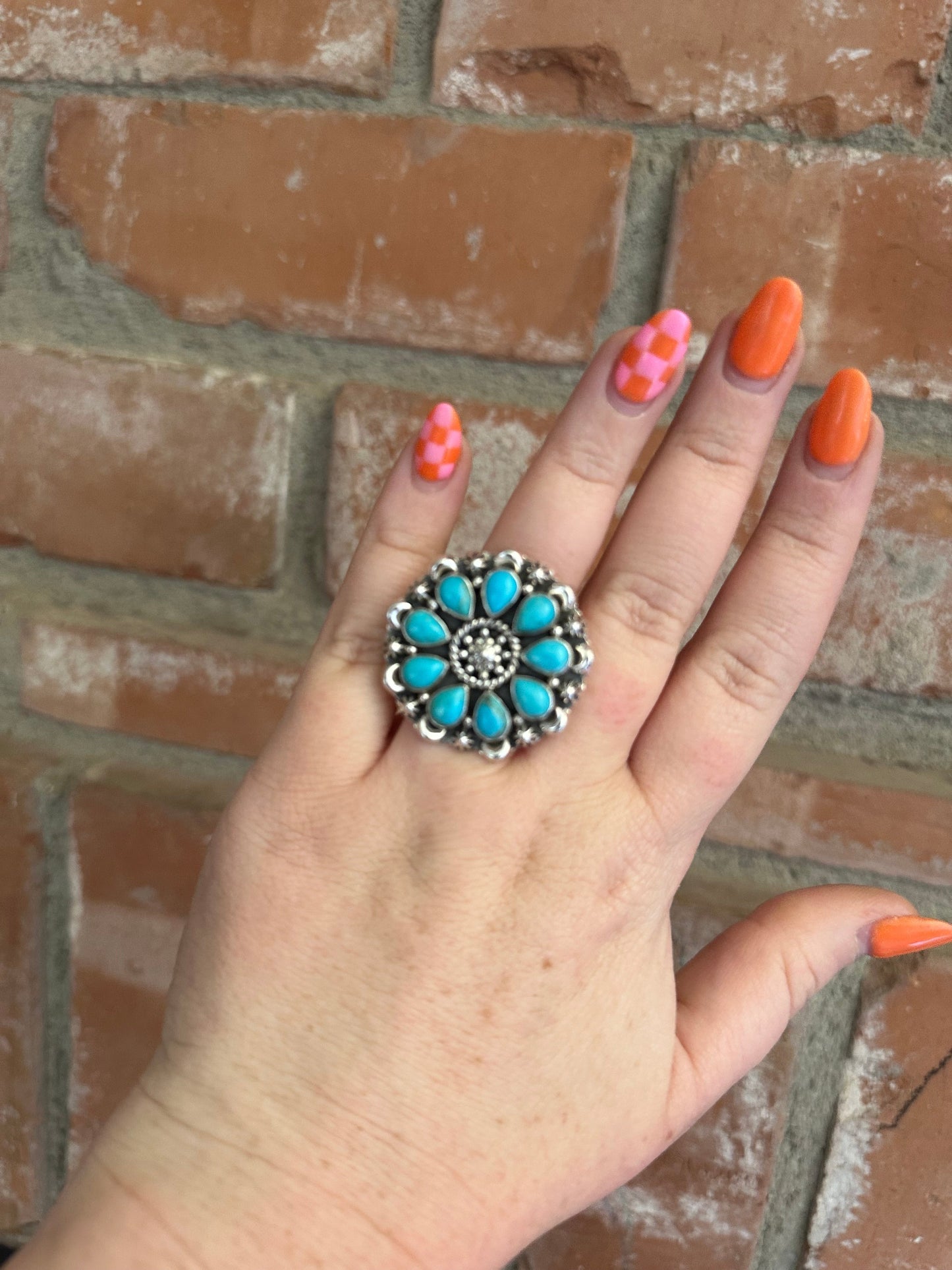 Handmade Turquoise & Sterling Silver Adjustable Ring Signed Nizhoni Orange Tones