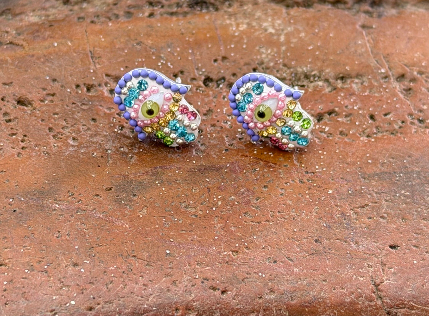 Hamsa Multi-Color Evil Eye Sterling Silver Stud Earrings