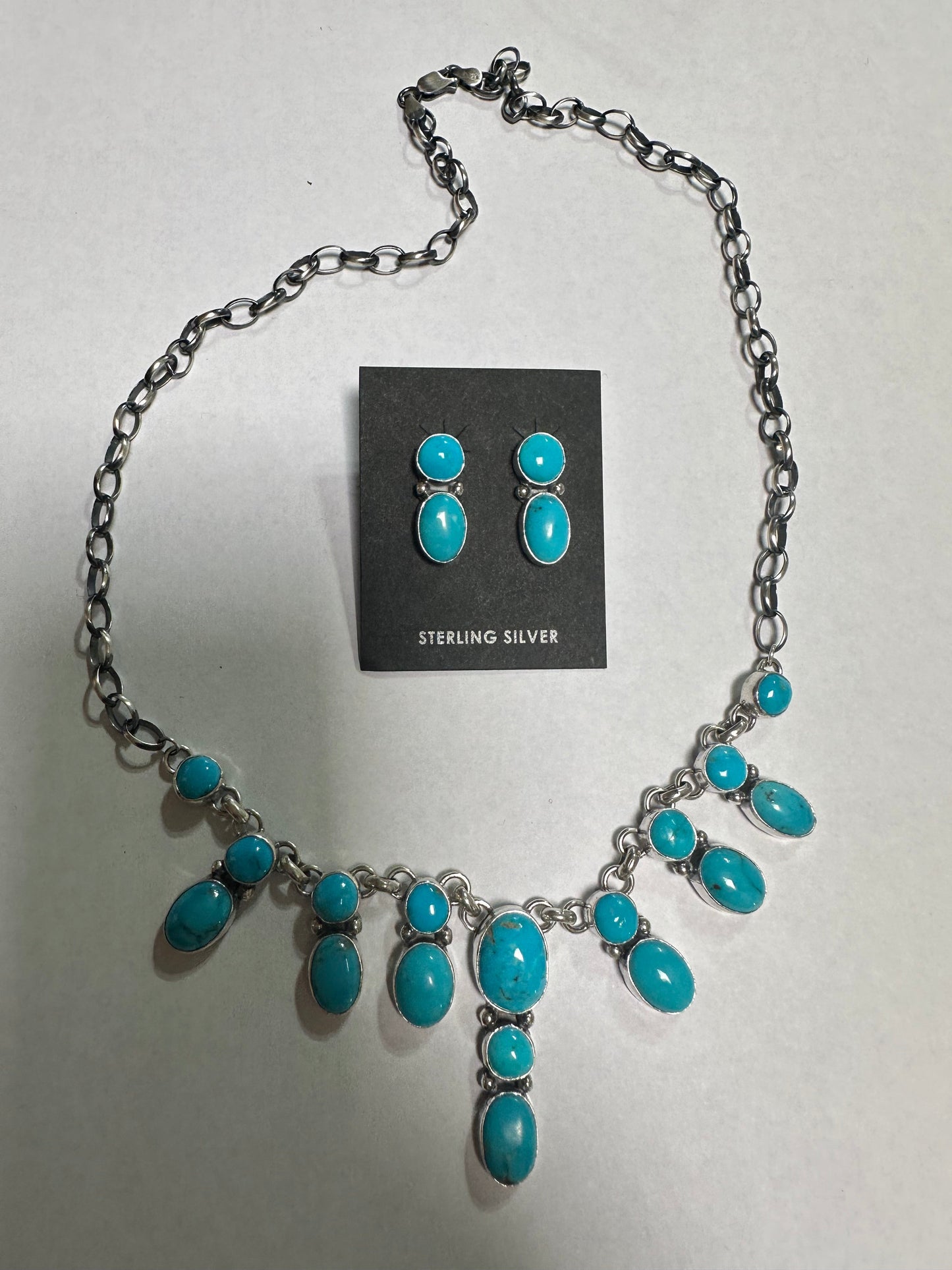 Handcrafted Sterling Silver & Turquoise Necklace & Earring Set Signed