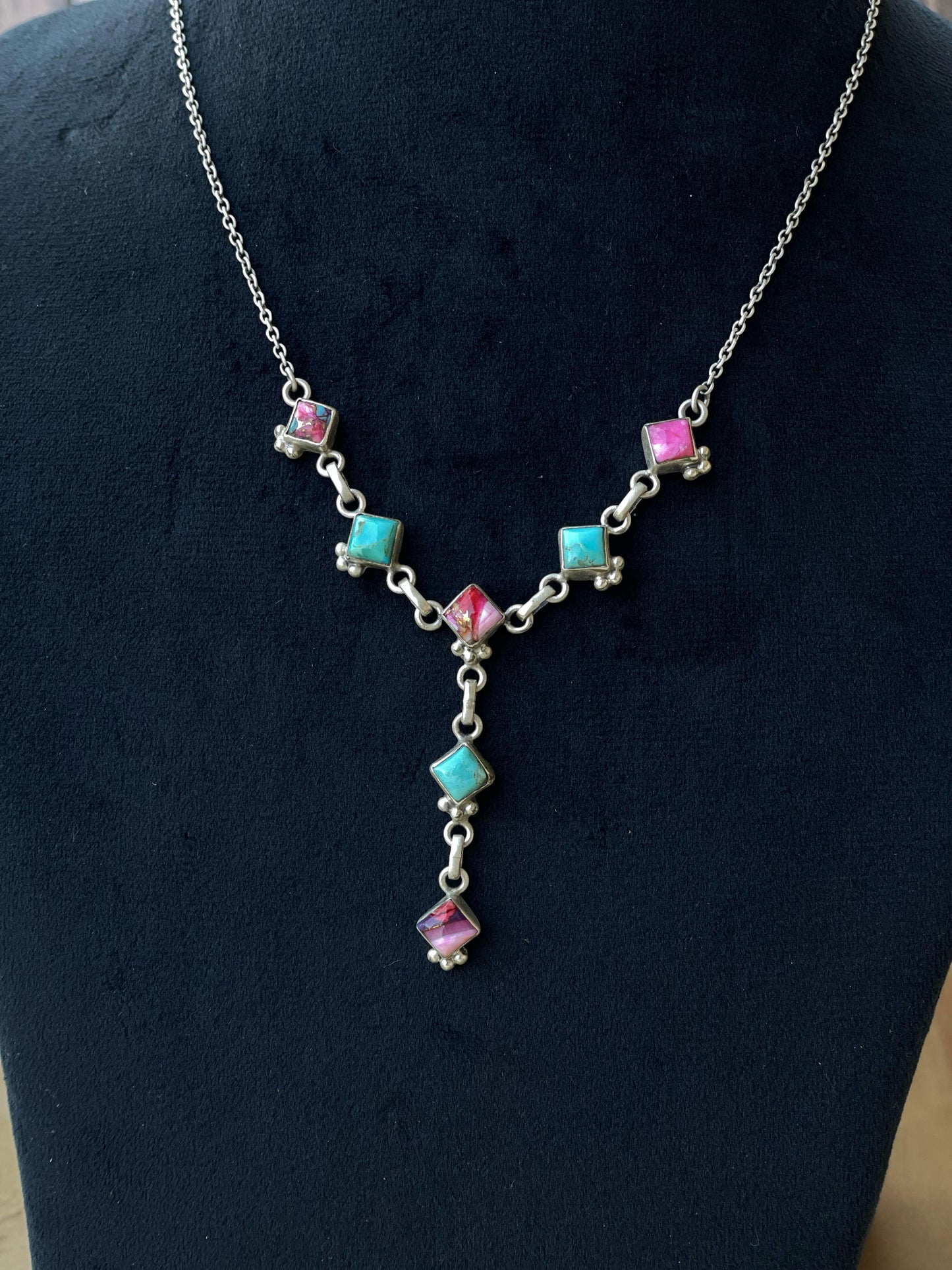 Handmade Sterling Silver, Turquoise & Pink Dream Mojave Drop Necklace is