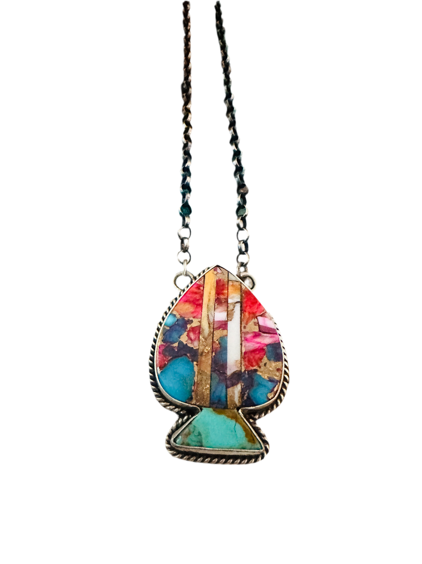 Handcrafted Sterling Silver & Multi Stone Inlay Spade Necklace
