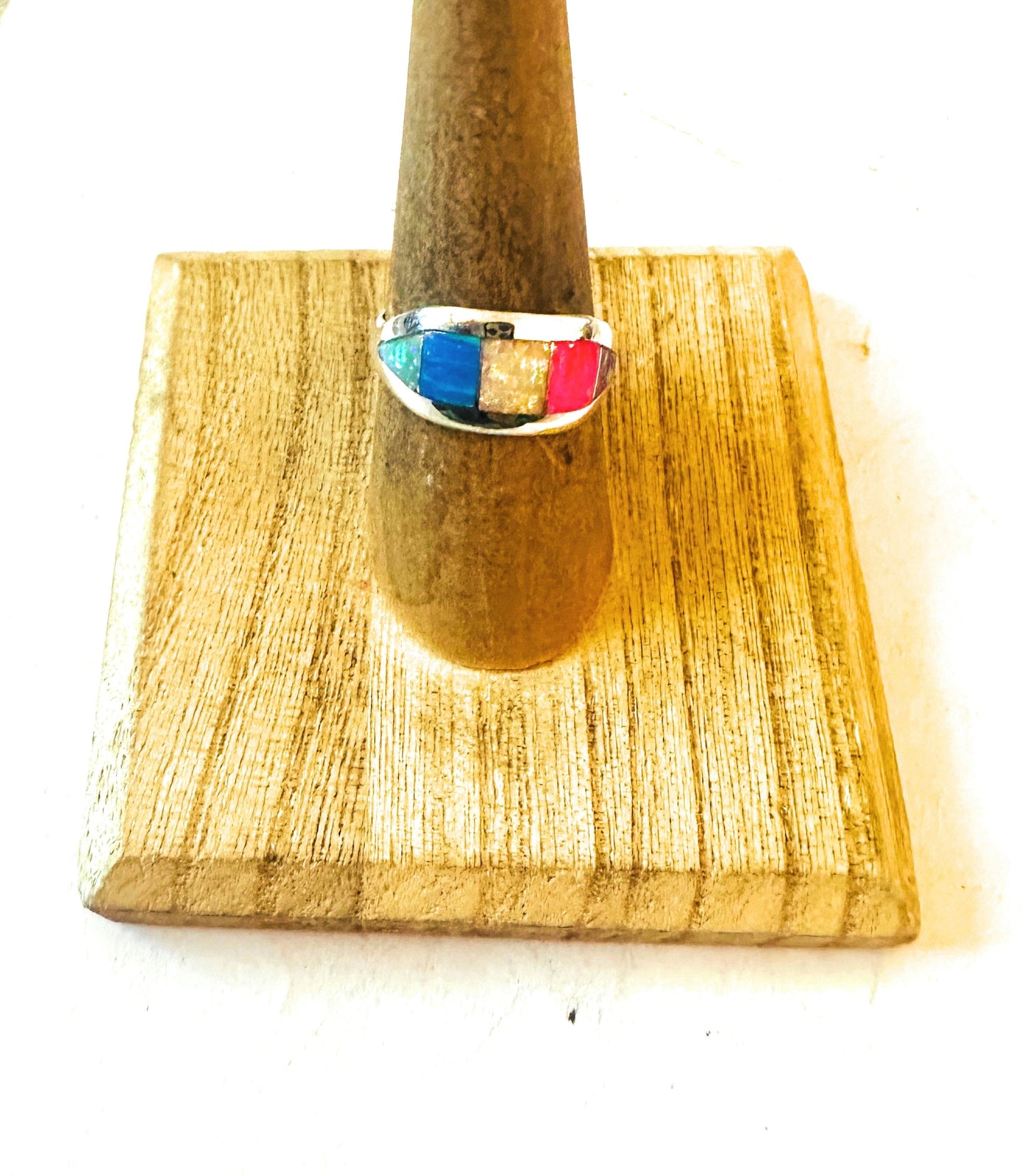 Handcrafted Sterling Silver & Multicolor Opal Inlay Band Ring Size 7.75