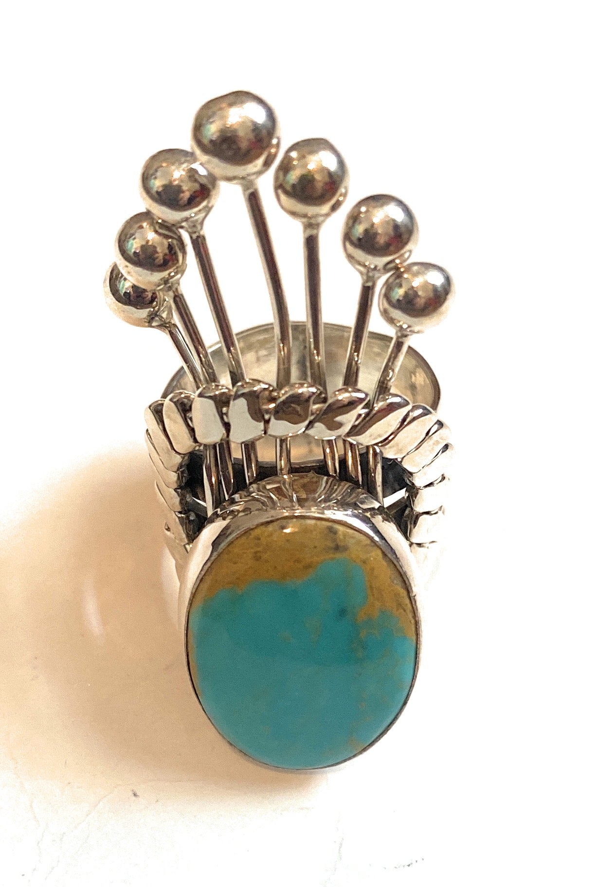 Handcrafted Royston Turquoise & Sterling Silver Crown Ring Size 7.5