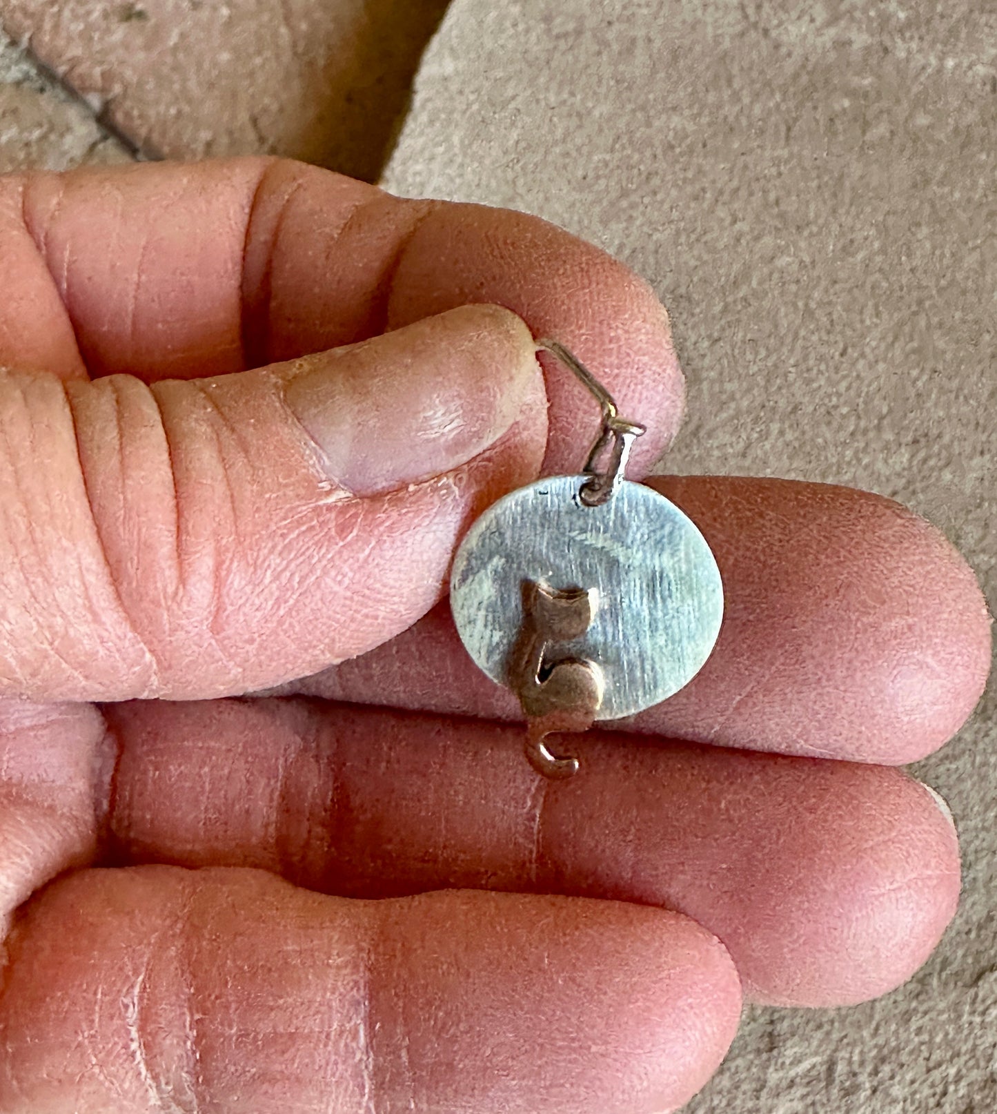 Copper Cat on Hammered Disc Sterling Silver Earrings