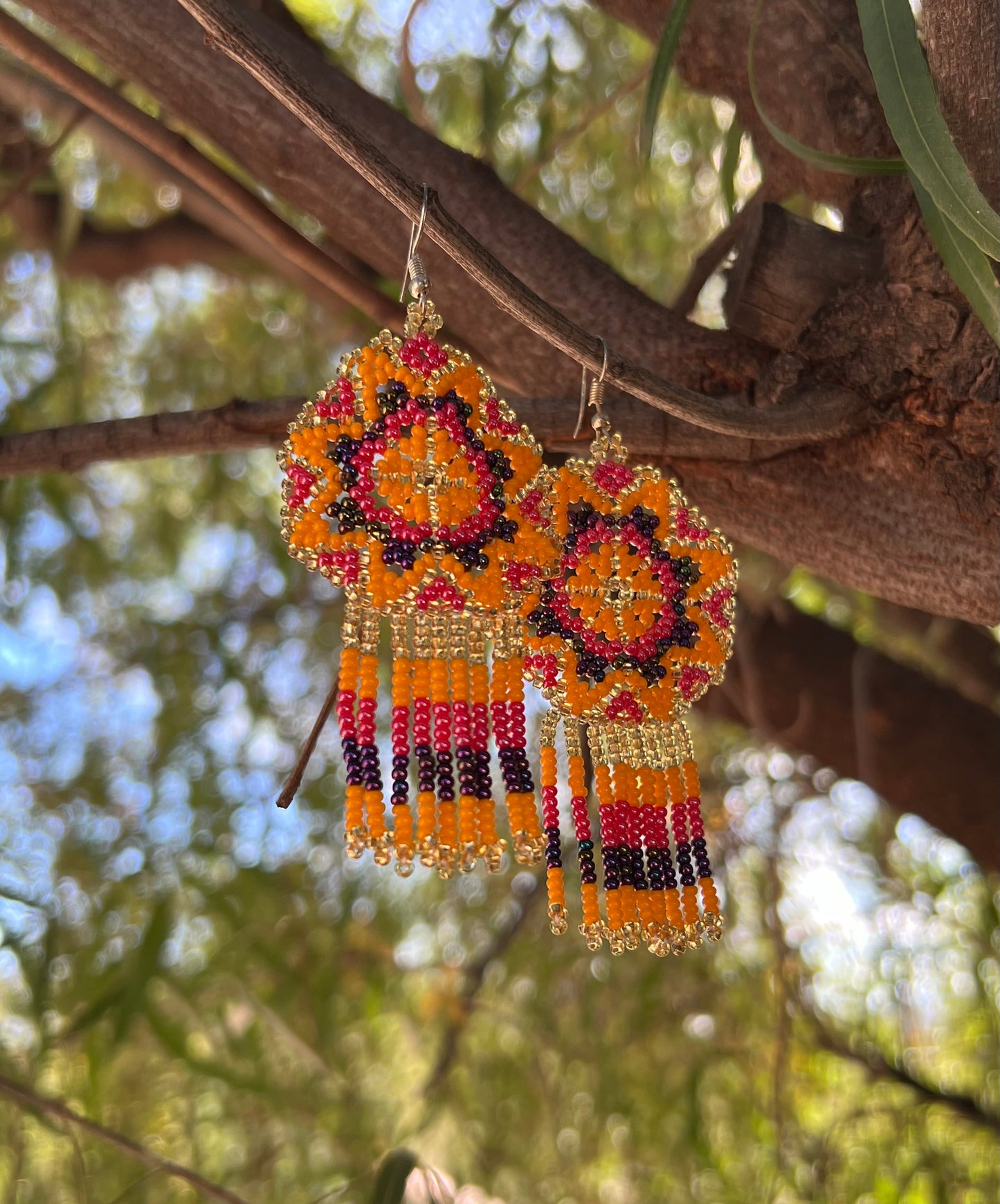 Handmade MultiColor Beaded Dangle Earrings (Gold, Yellow, & Pink