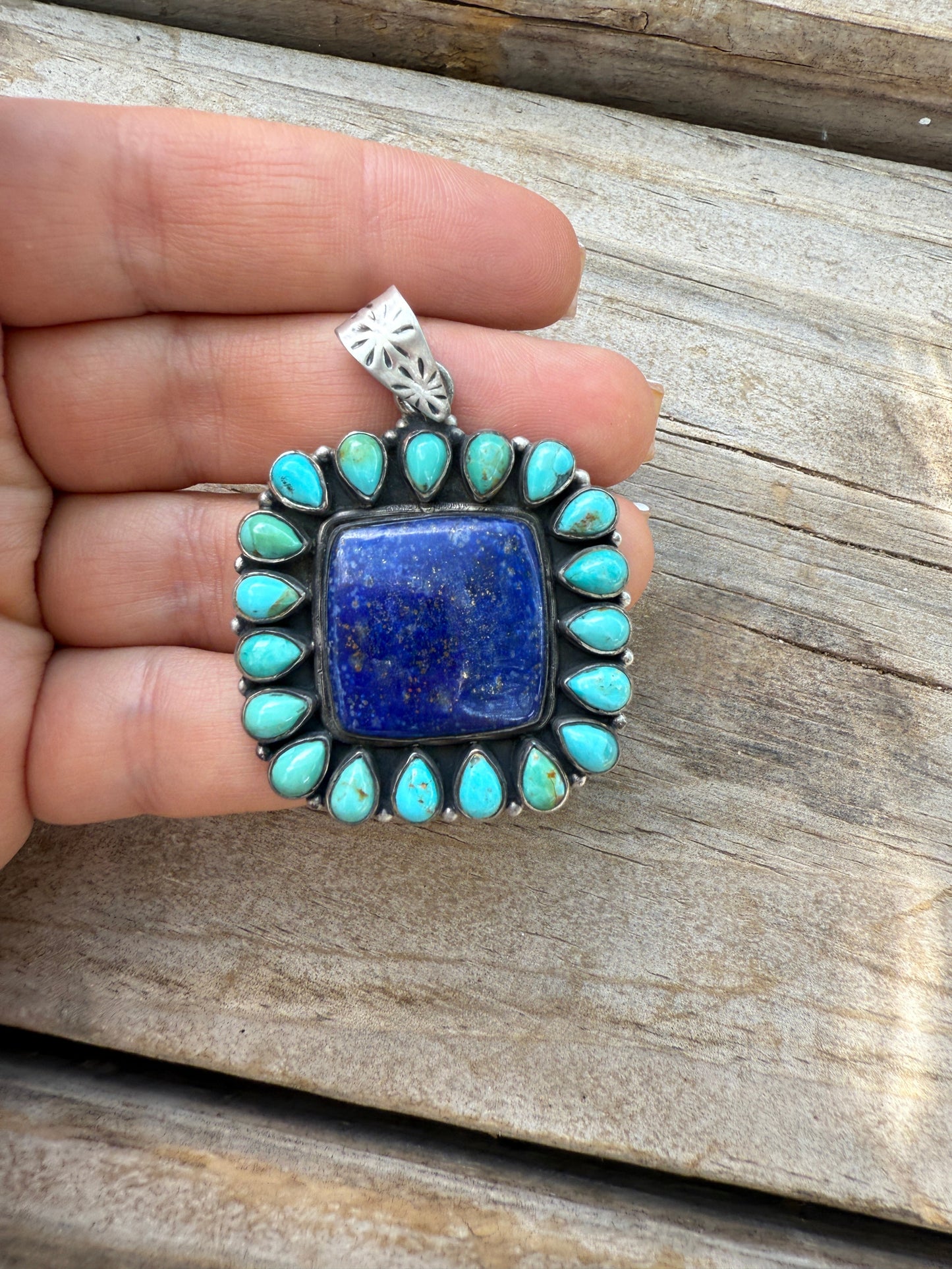 Handmade Stering Silver, Lapis & Kingman Turquoise Square Pendant