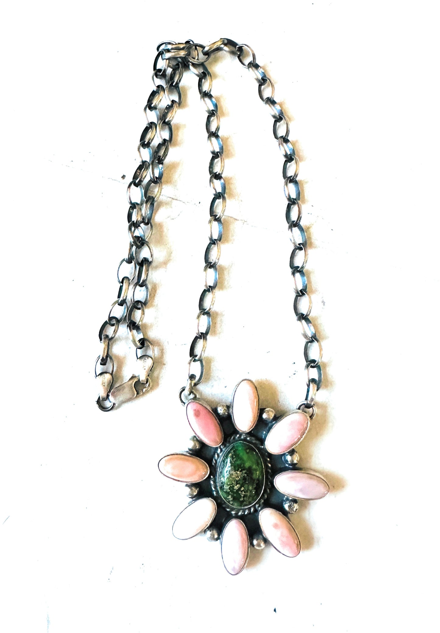 Handcrafted Sterling Silver, Queen Pink Conch Shell & Turquoise Necklace