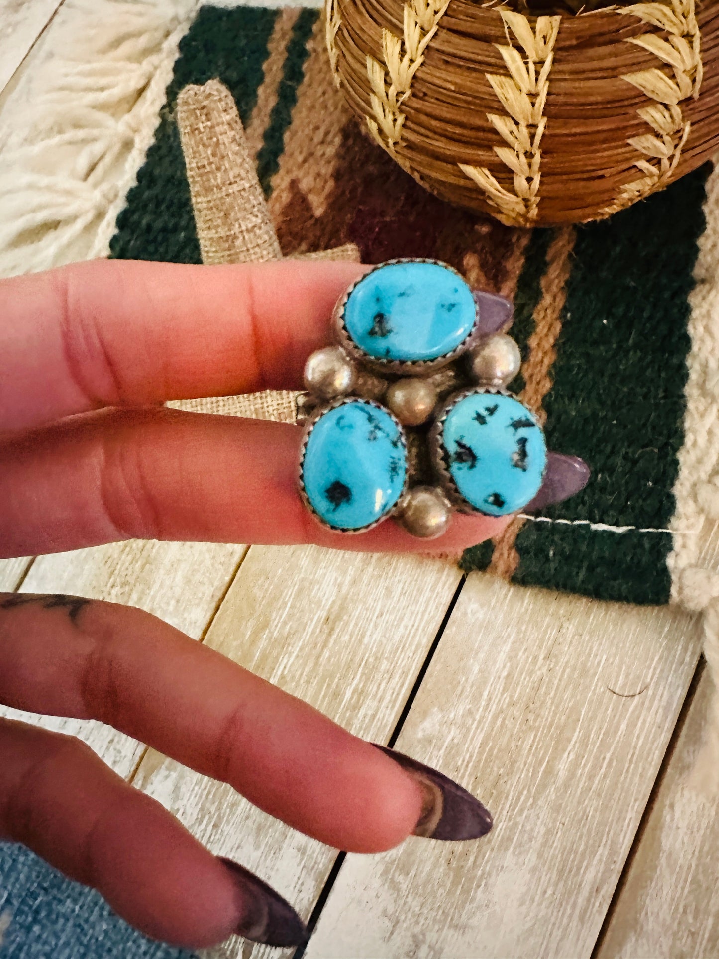 Old Pawn Handcrafted Turquoise & Sterling Silver Cluster Ring Size 10.5