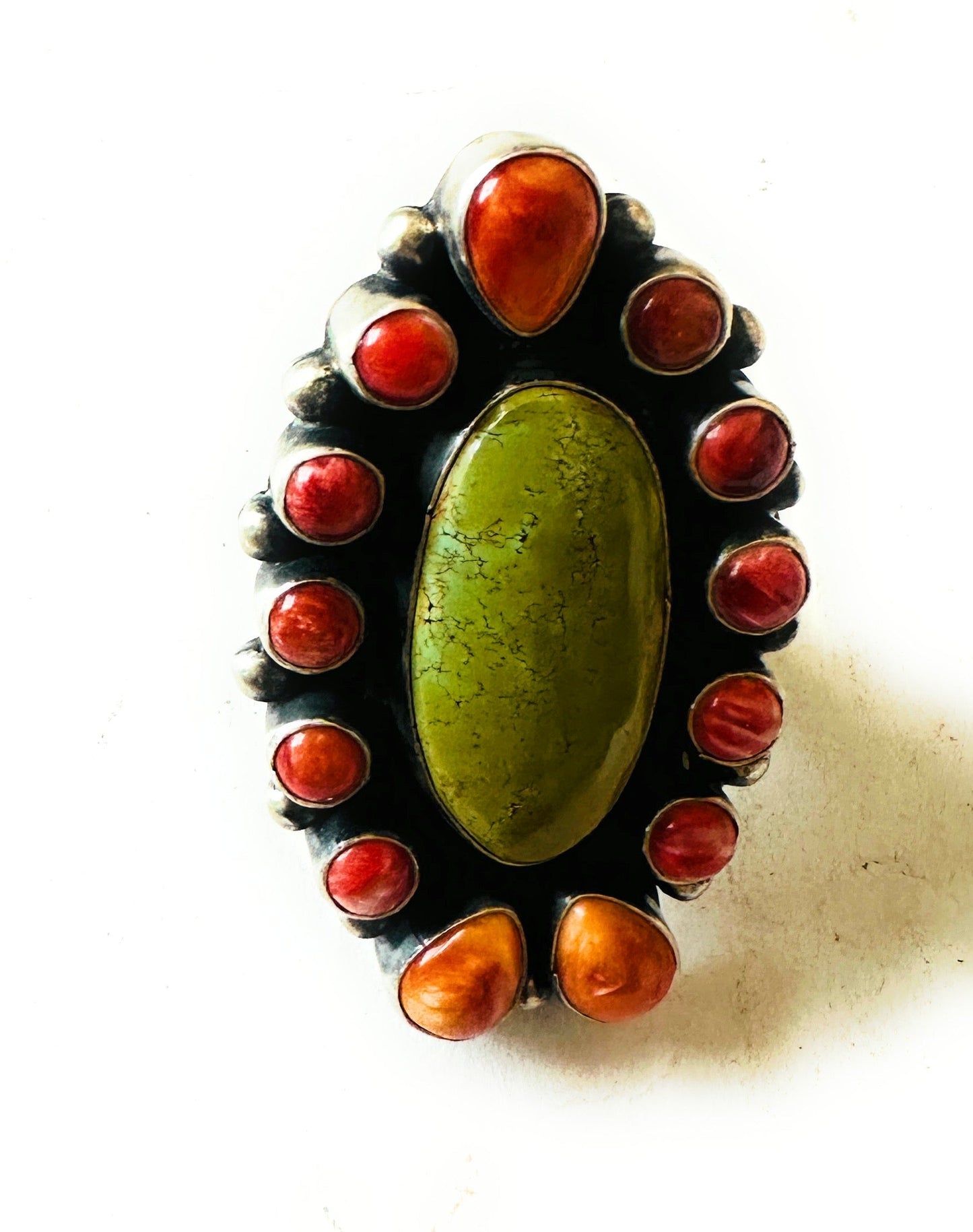Handcrafted Sterling Silver, Spiny & Turquoise Cluster Ring Size 6