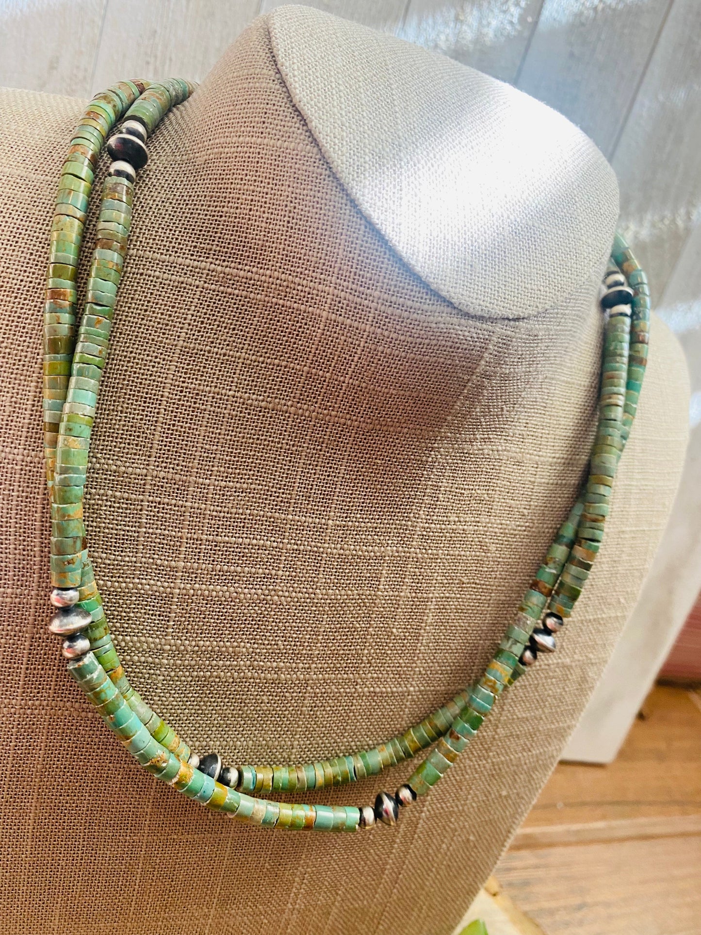 Handcrafted Turquoise & Sterling Silver Pearl Beaded Necklace 40 inch