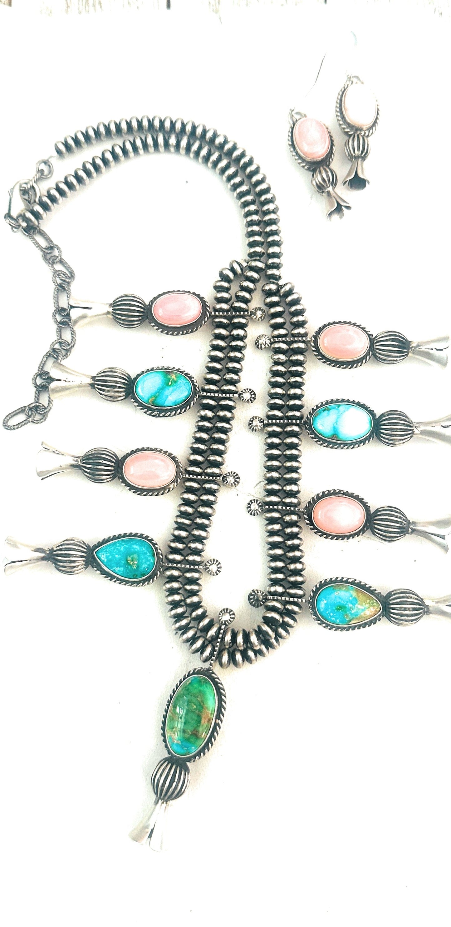 Handcrafted Turquoise, Pink Conch & Sterling Silver Necklace Set by Russell Sam