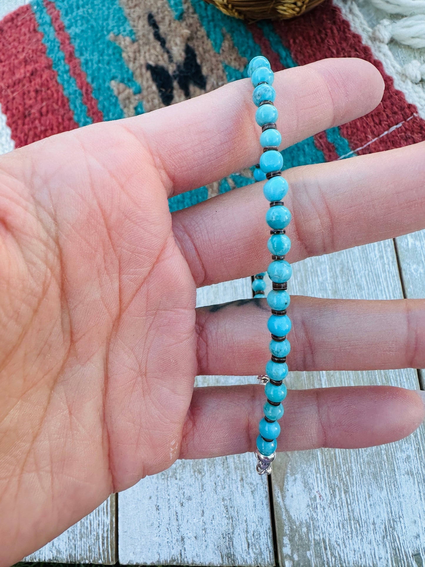 Handcrafted Turquoise & Sterling Silver Beaded Bracelet 7.5"