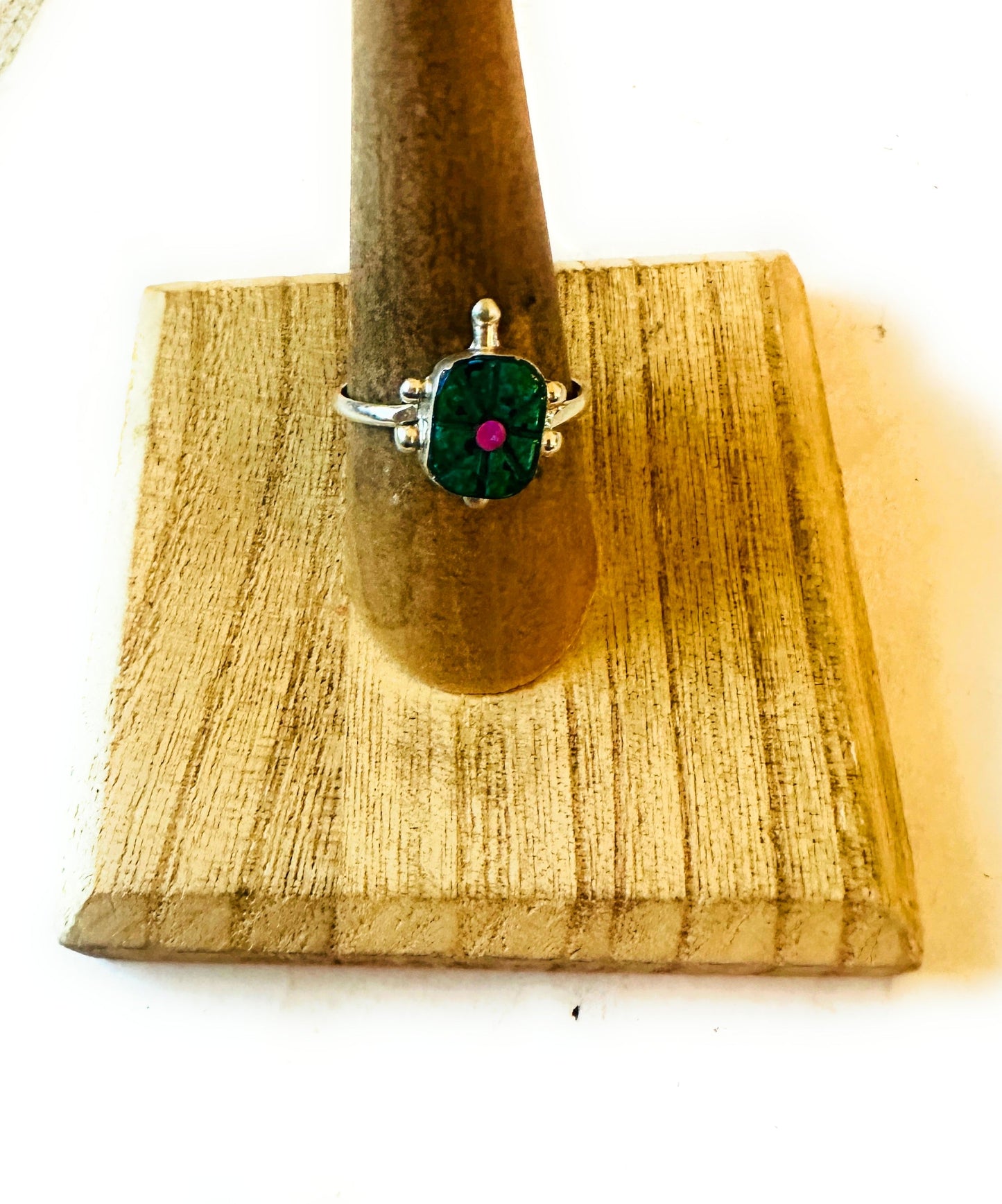 Handcrafted Sterling Silver & Green and Pink Opal Turtle Ring Size 8.5