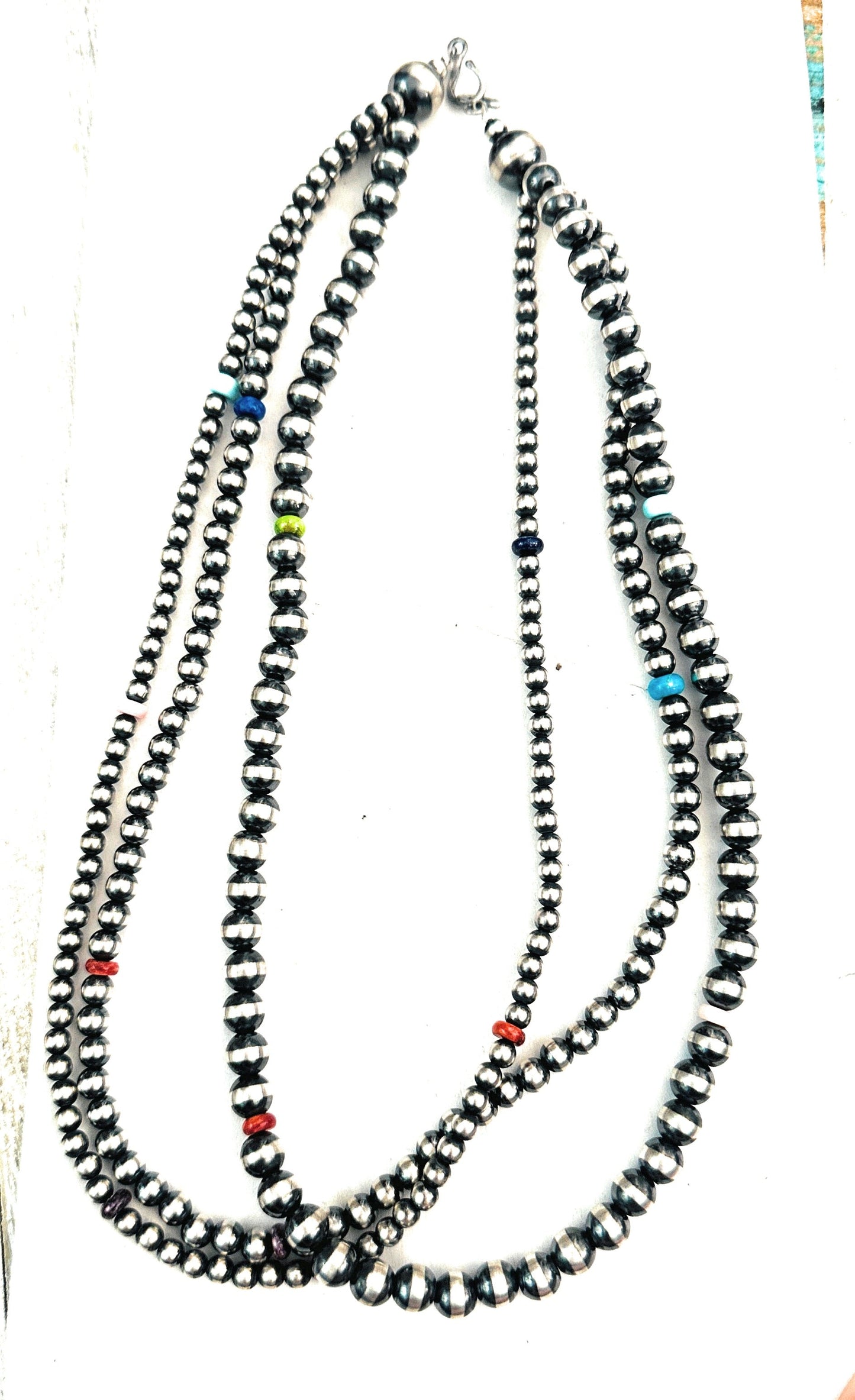 Handcrafted Multi Stone & Sterling Silver Pearl Triple Strand Beaded Necklace 22”