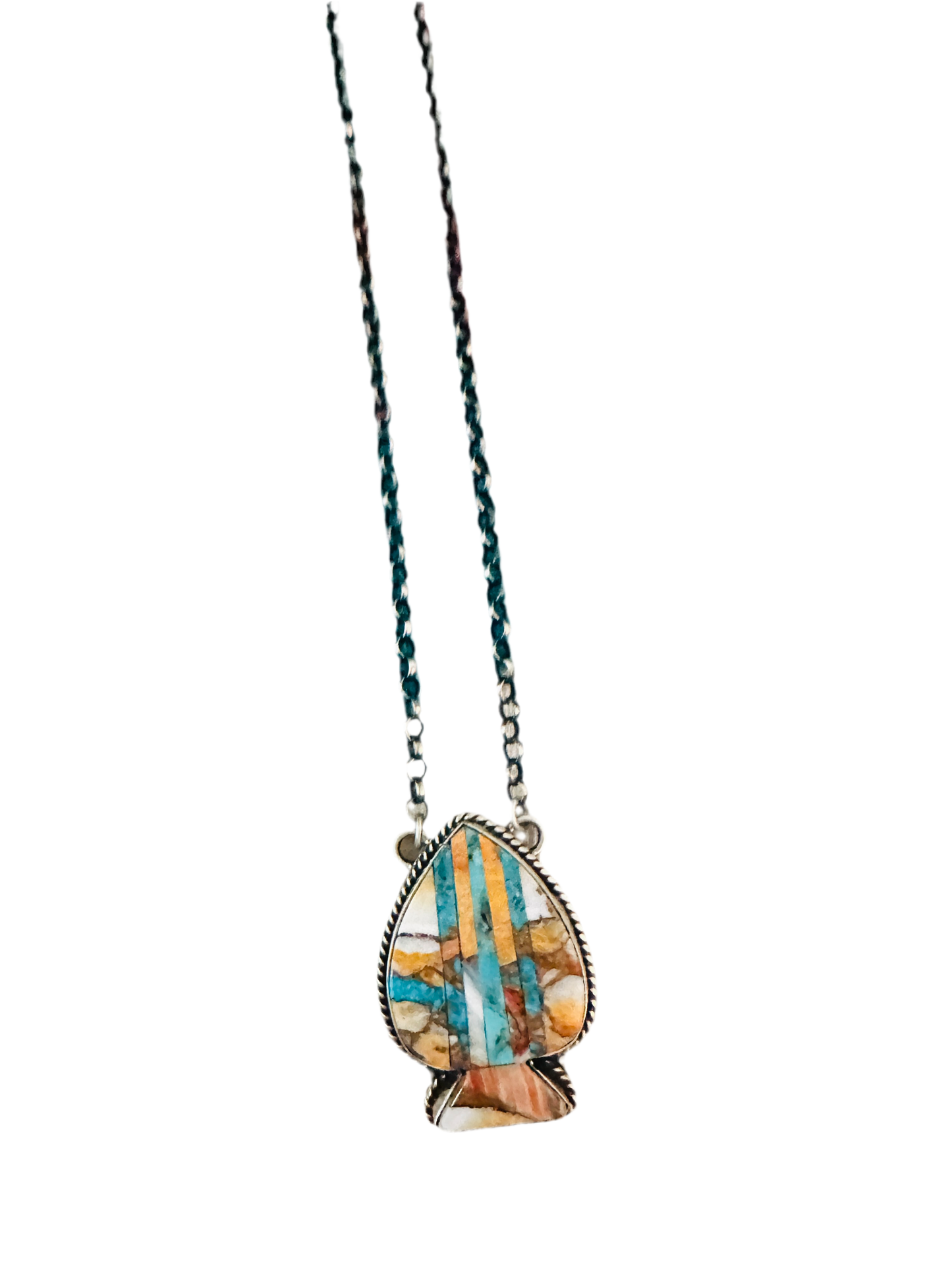 Handcrafted Sterling Silver & Multi Stone Inlay Spade Necklace