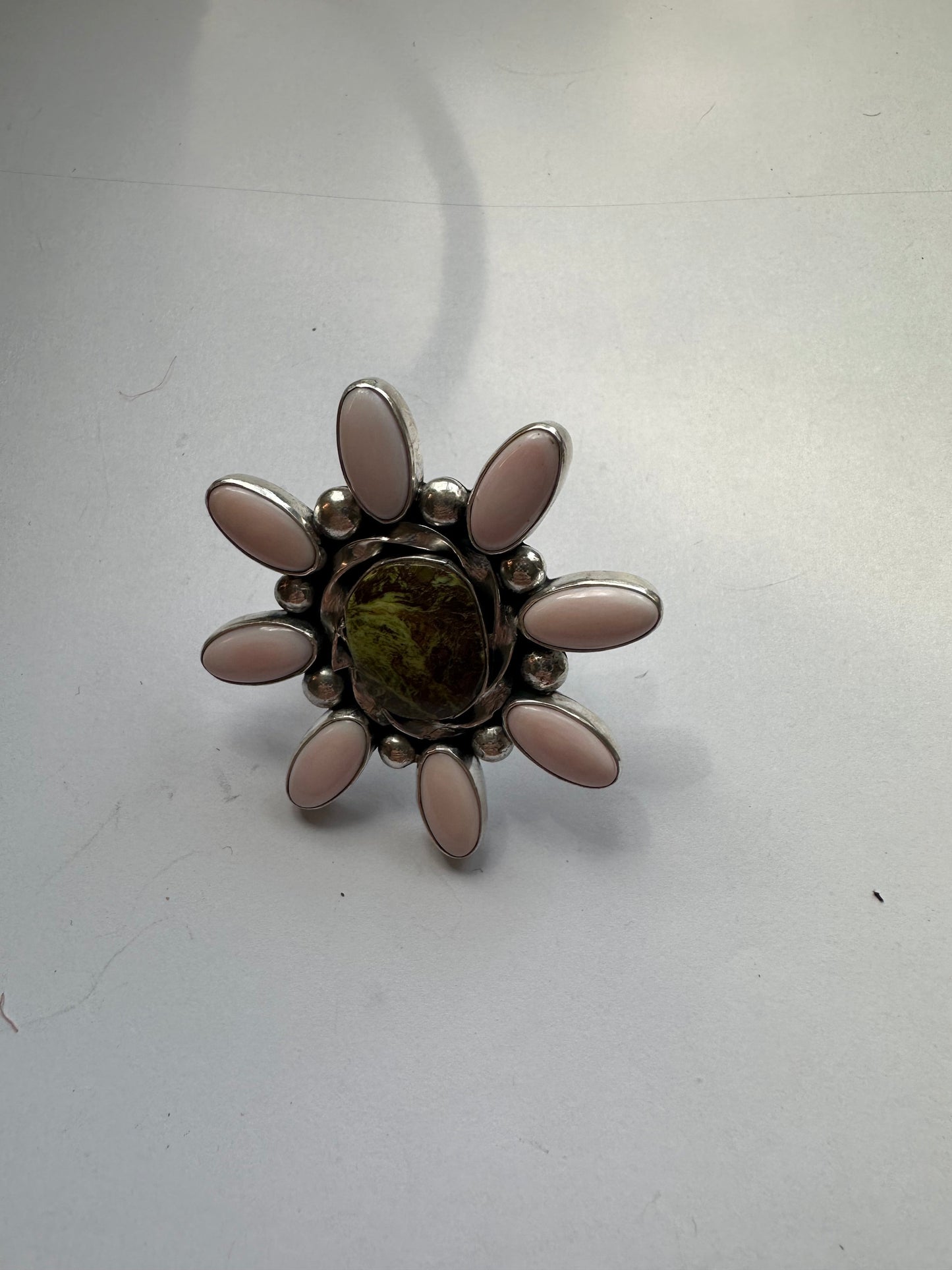 “Pink Blossom” Gorgeous Handcrafted Turquoise, Pink Conch And Sterling Silver Adjustable Flower Ring Signed