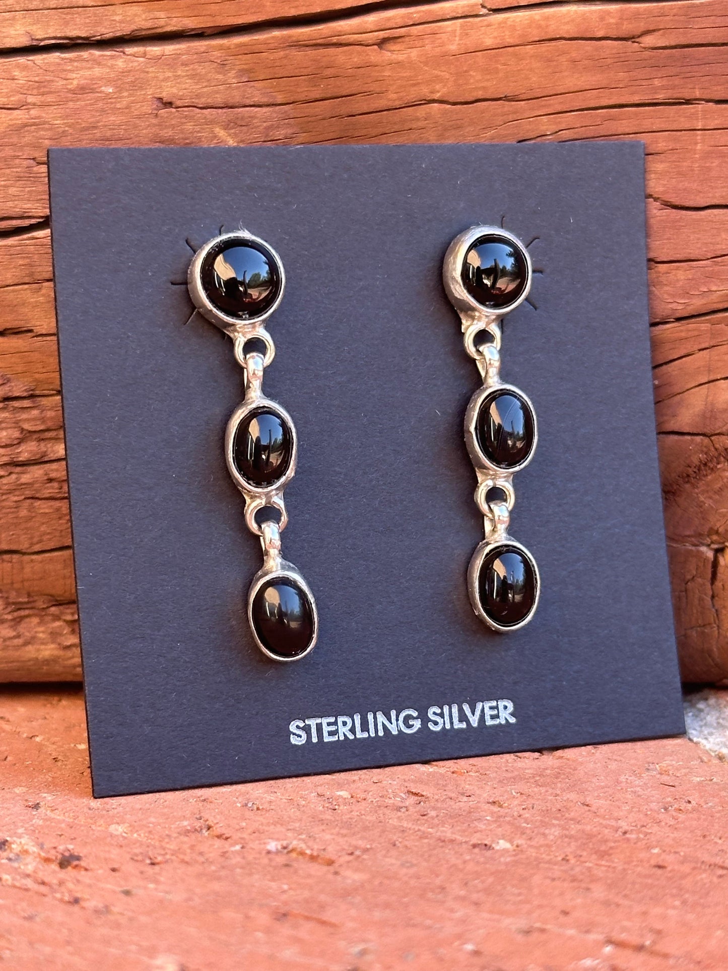 Handcrafted Made Black Onyx & Sterling Silver 3 Stone Dangle Earrings