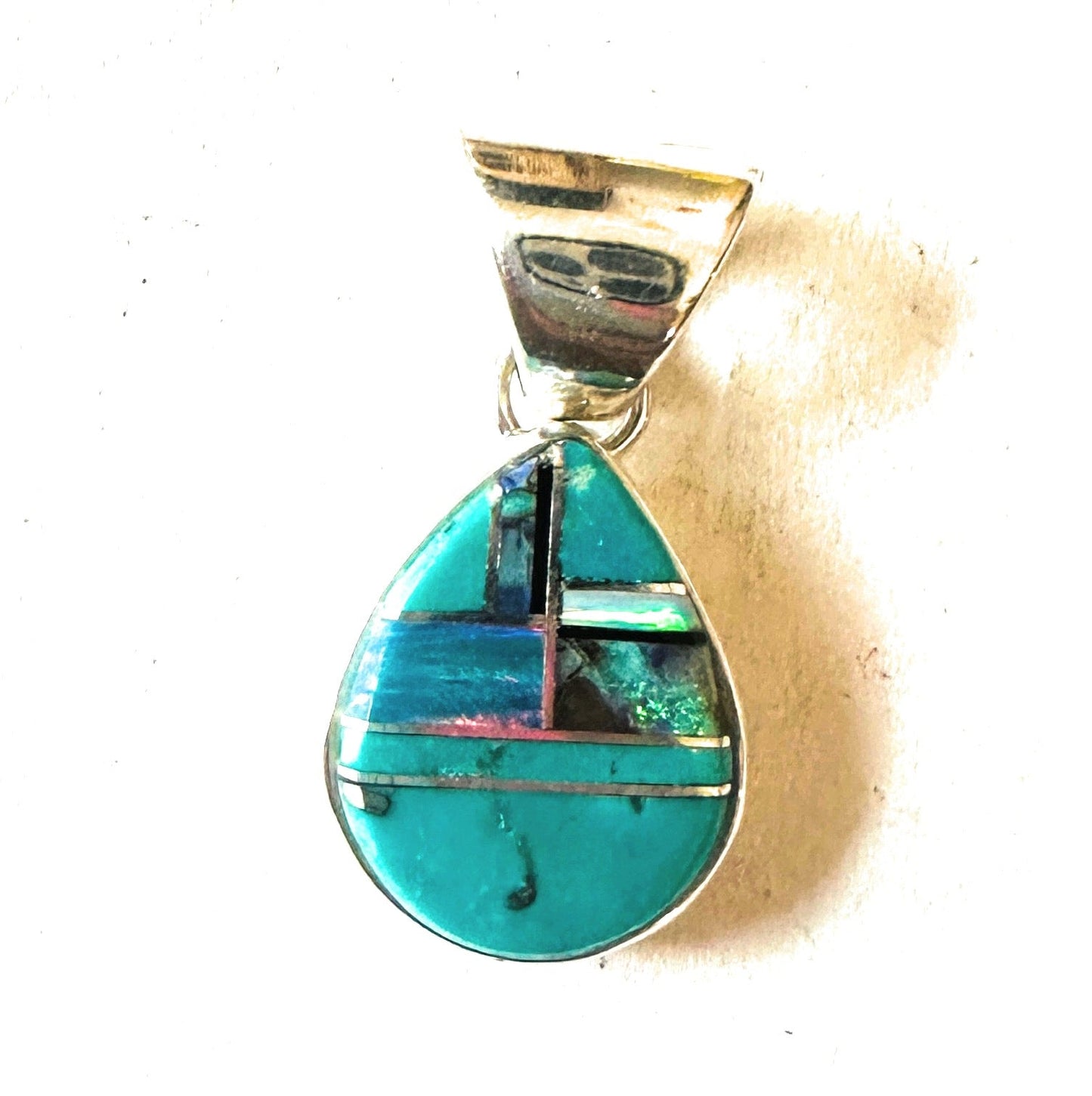 Handcrafted Multi Stone & Sterling Silver Inlay Teardrop Pendant