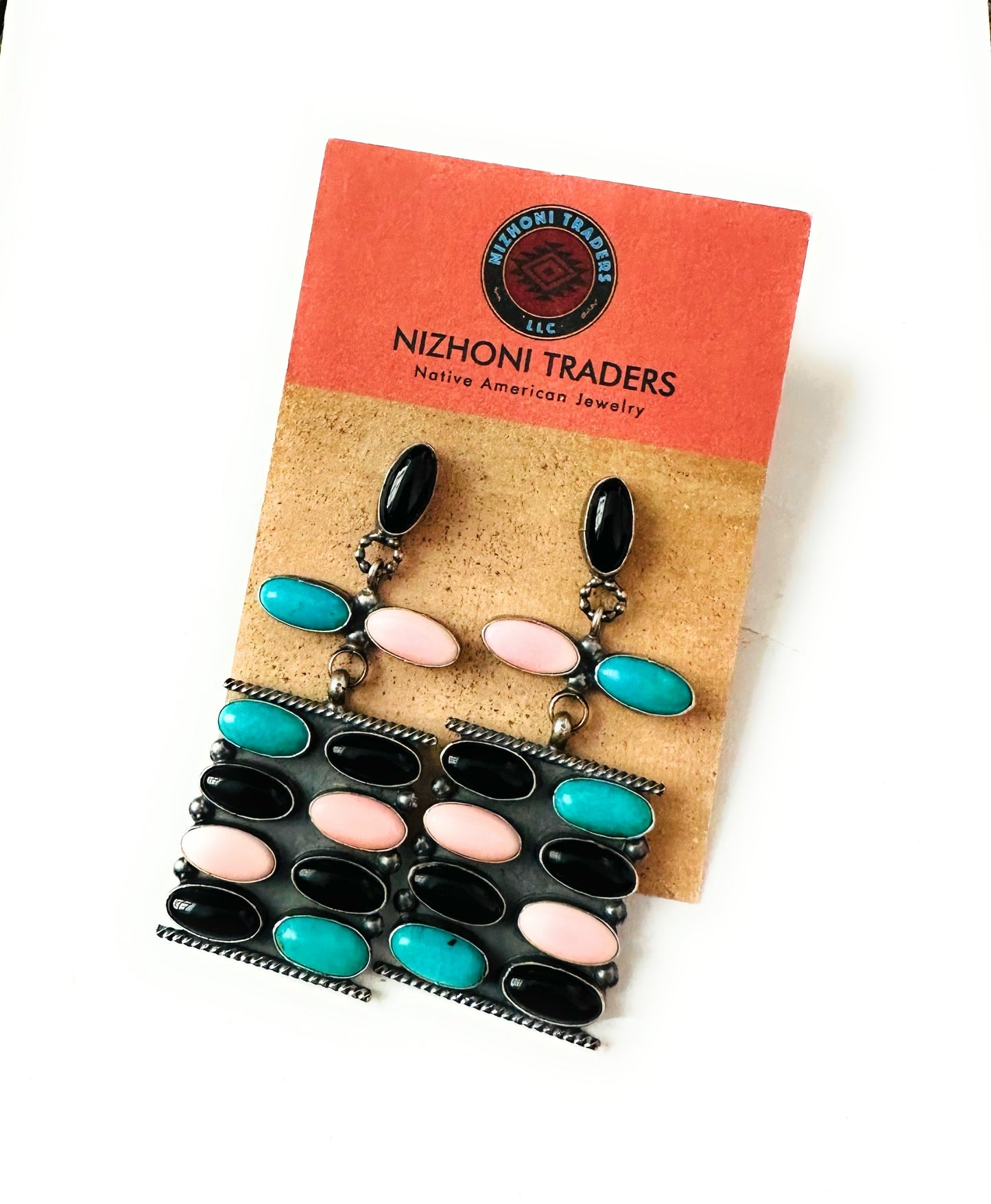 Handcrafted Queen Pink Conch, Turquoise, Onyx & Sterling Silver Dangle Earrings