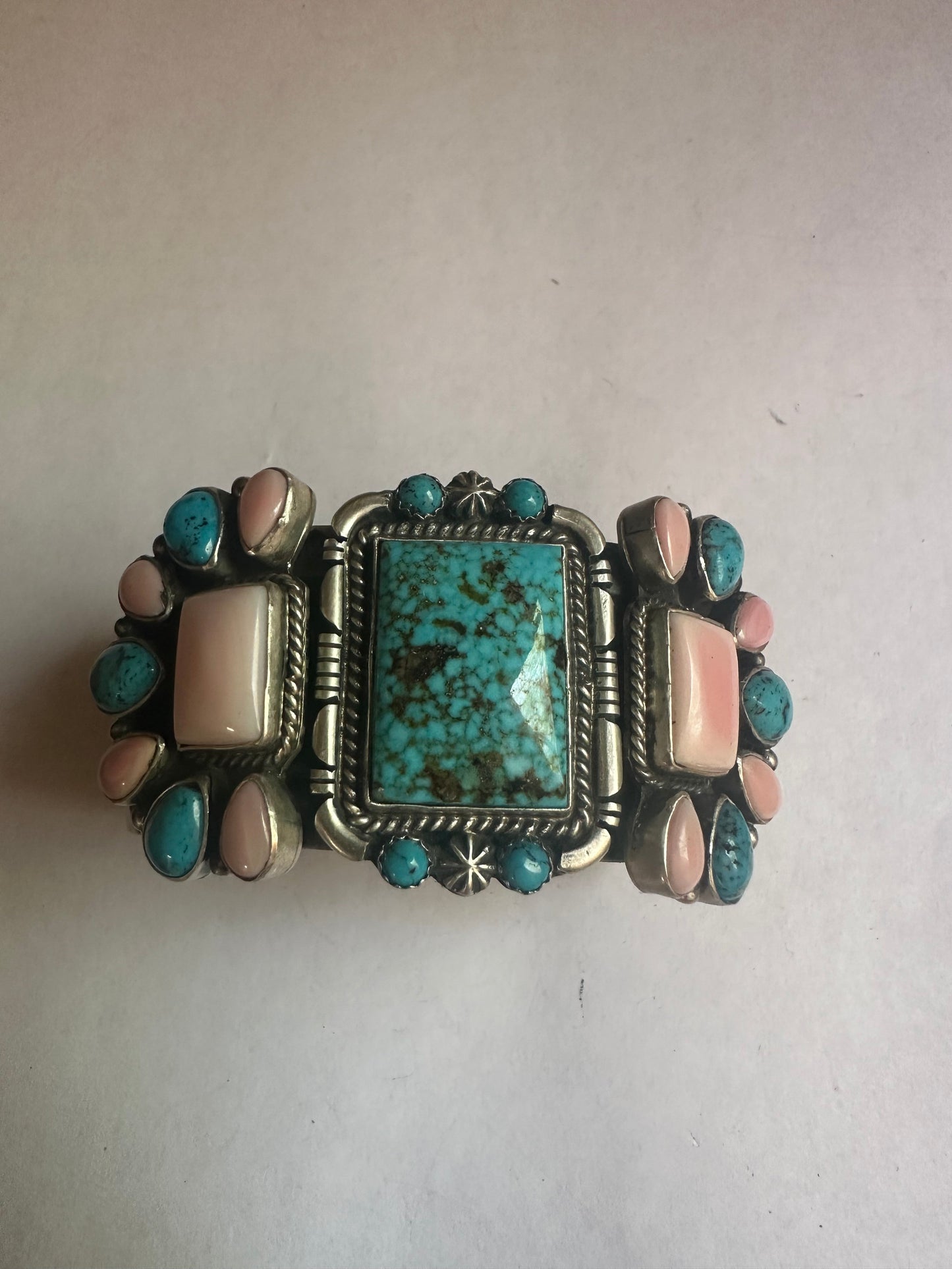 Handcrafted Sterling Silver, Pink Conch & Turquoise Bracelet Cuff Signed Leroy James